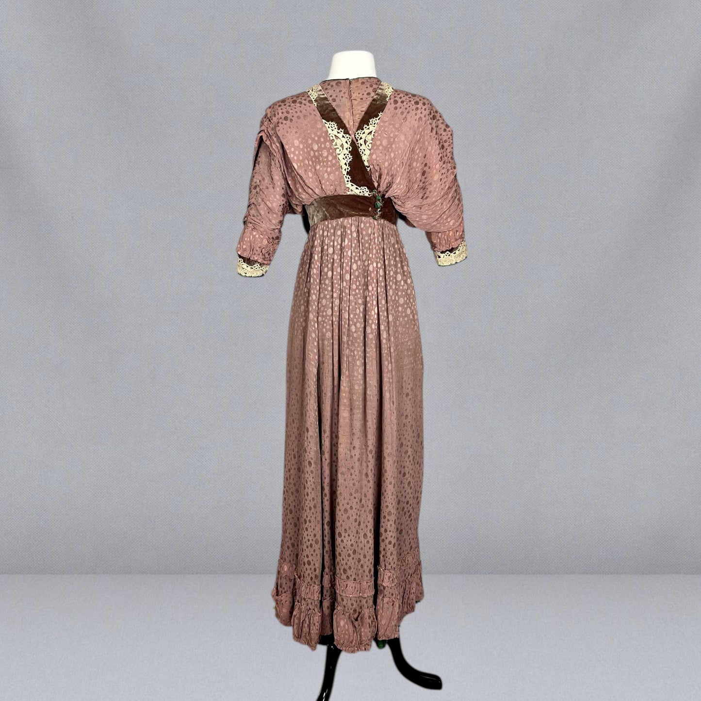 Antique Edwardian 1900s Taupe Textured Silk Dress with Brown Velvet, Cream Lace & Emerald Green Trim, XS