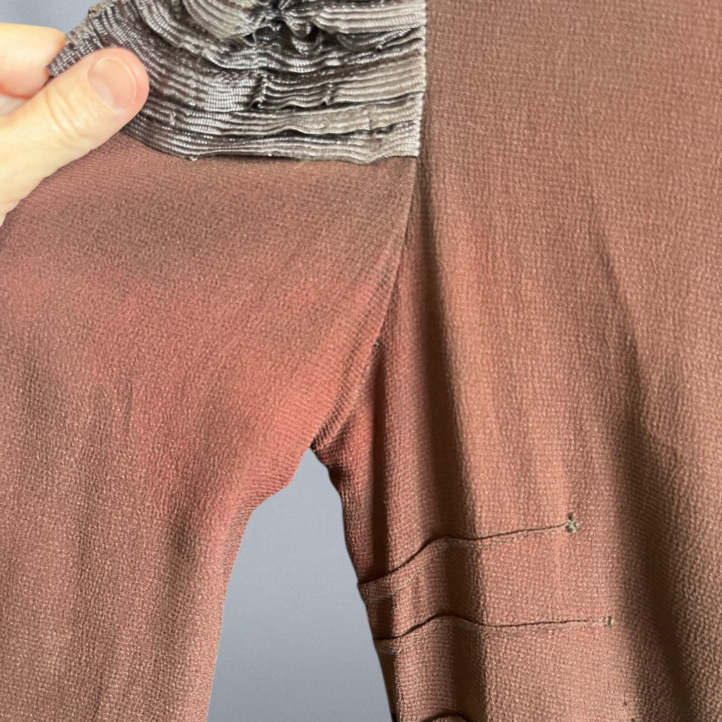 Late 1930s Chocolate Brown Rayon Crepe Dress with Sculpted Shoulders & Bell-Pull Metal Zip, XS-S