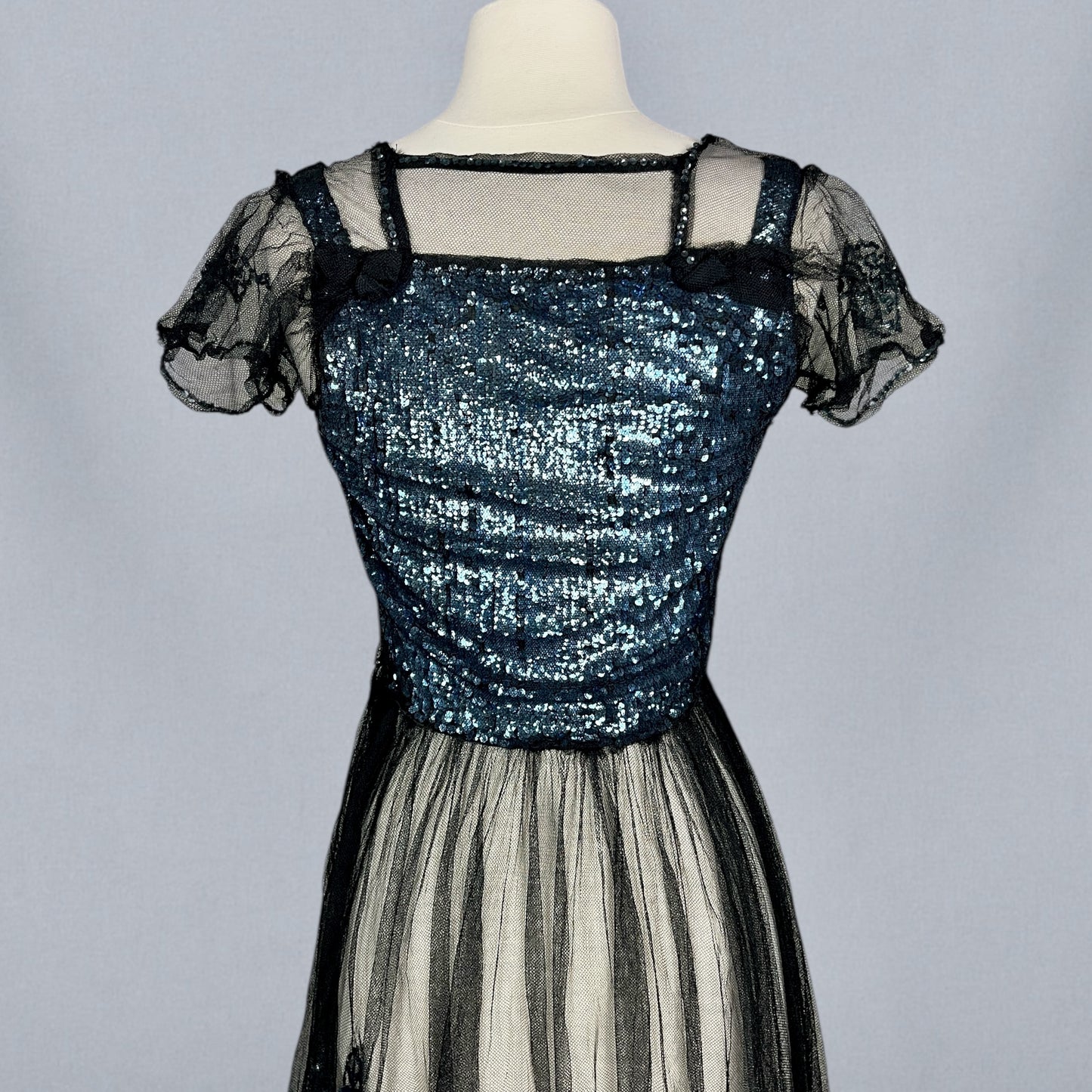 Extraordinary Antique 1930s Blue Gelatin Sequin & Black Net Evening Dress with Sheer Sleeves