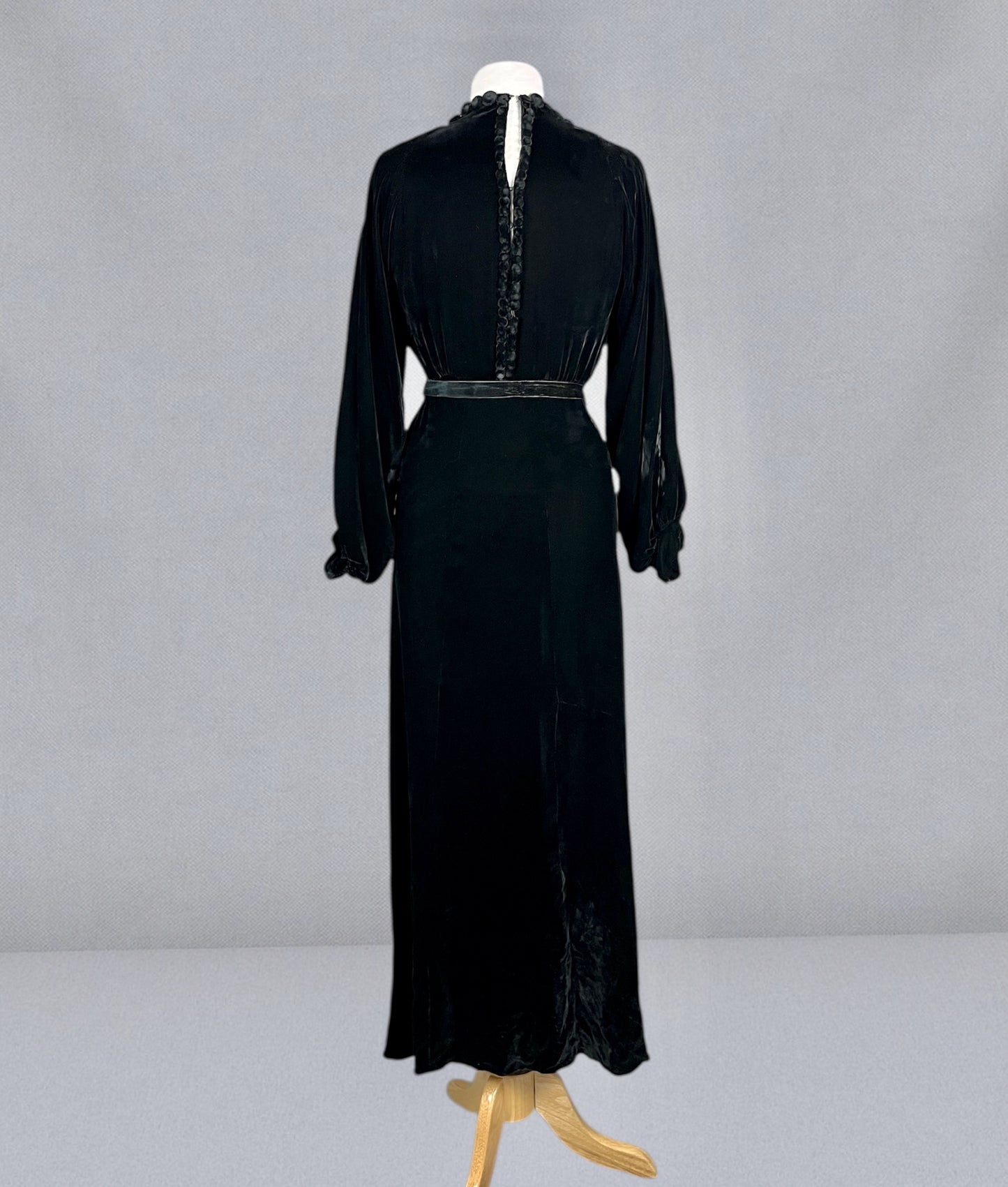 Vintage 1930s Black Velvet Bias-Cut Evening Dress with Bishop Sleeves & Covered Button Detailing, S/M