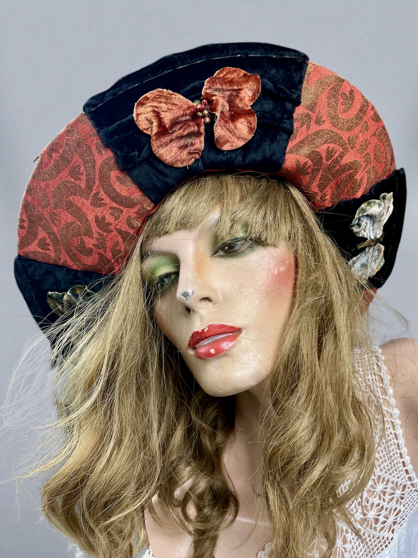 Antique Late 1910s Velvet & Lamé Brim Hat with Embroidered Silk Lining & Butterfly Appliqués