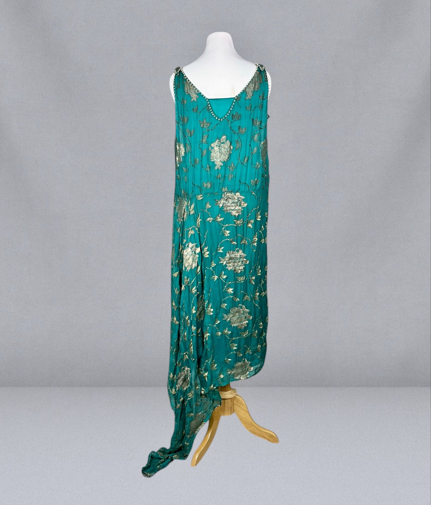 Antique 1920s Teal Silk & Gold Lamé Beaded Jazz Age Gown, J.M. Gidding & Co. New York Paris, Large