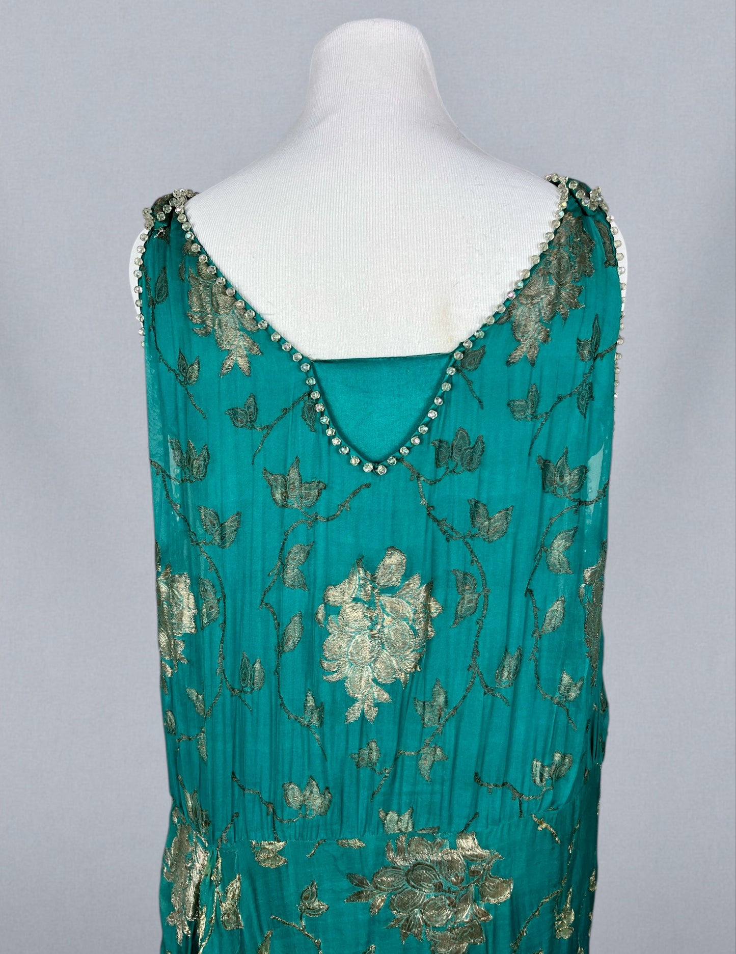 Antique 1920s Teal Silk & Gold Lamé Beaded Jazz Age Gown, J.M. Gidding & Co. New York Paris, Large