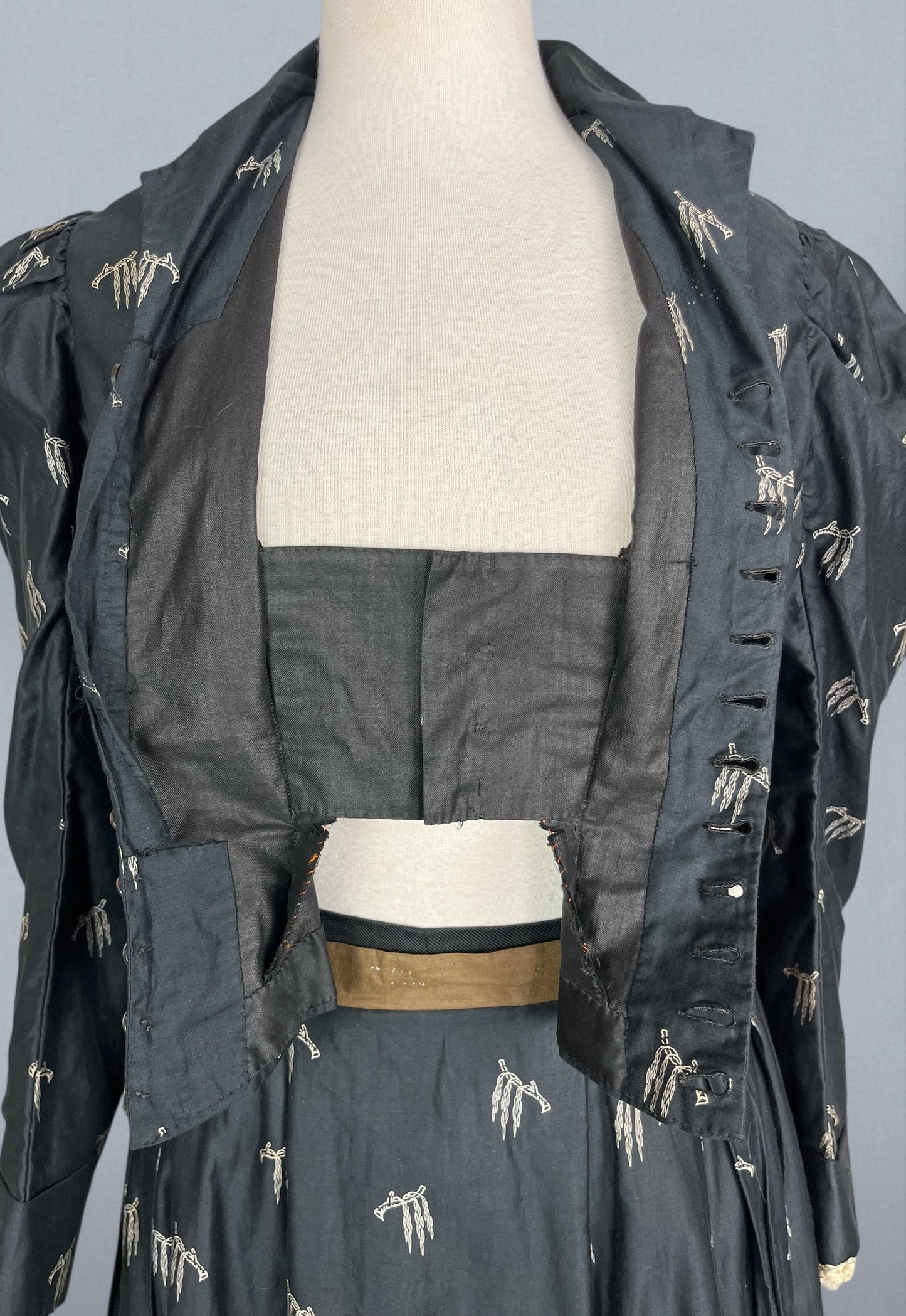 Antique 1890s Black Polished Printed Cotton Two-Piece Bodice and Skirt with Leg-of-Mutton Sleeves, Medium