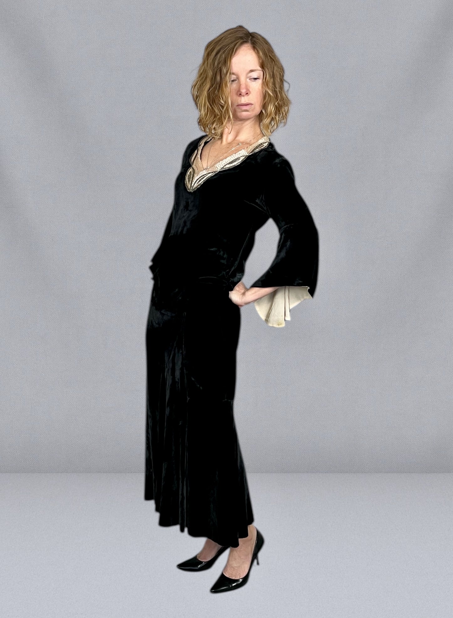 Antique Late 1920s Early 1930s Black Silk Velvet Dress with Beaded Neckline & Satin-Lined Bell Sleeves