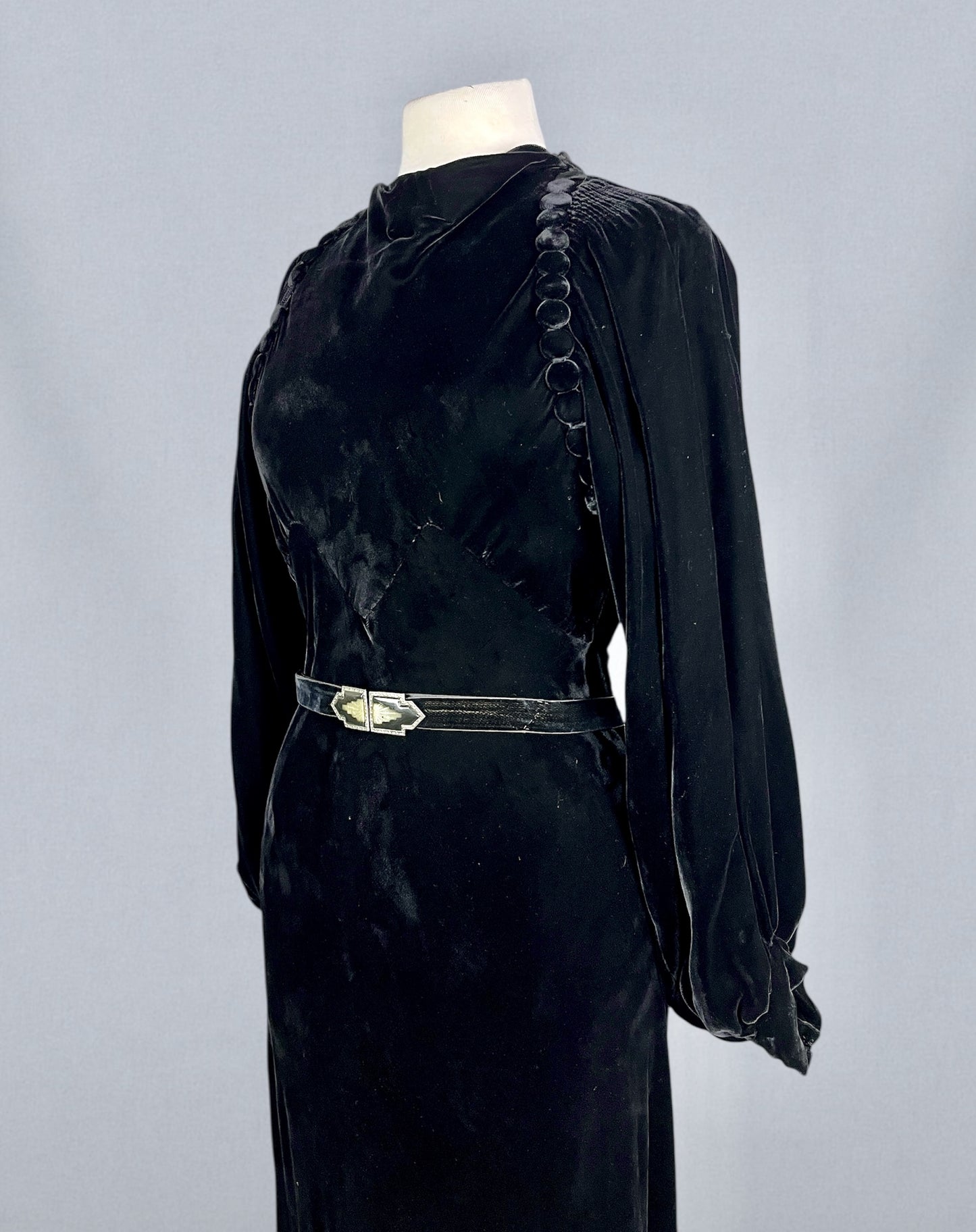 Vintage 1930s Black Velvet Bias-Cut Evening Dress with Bishop Sleeves & Covered Button Detailing, S/M