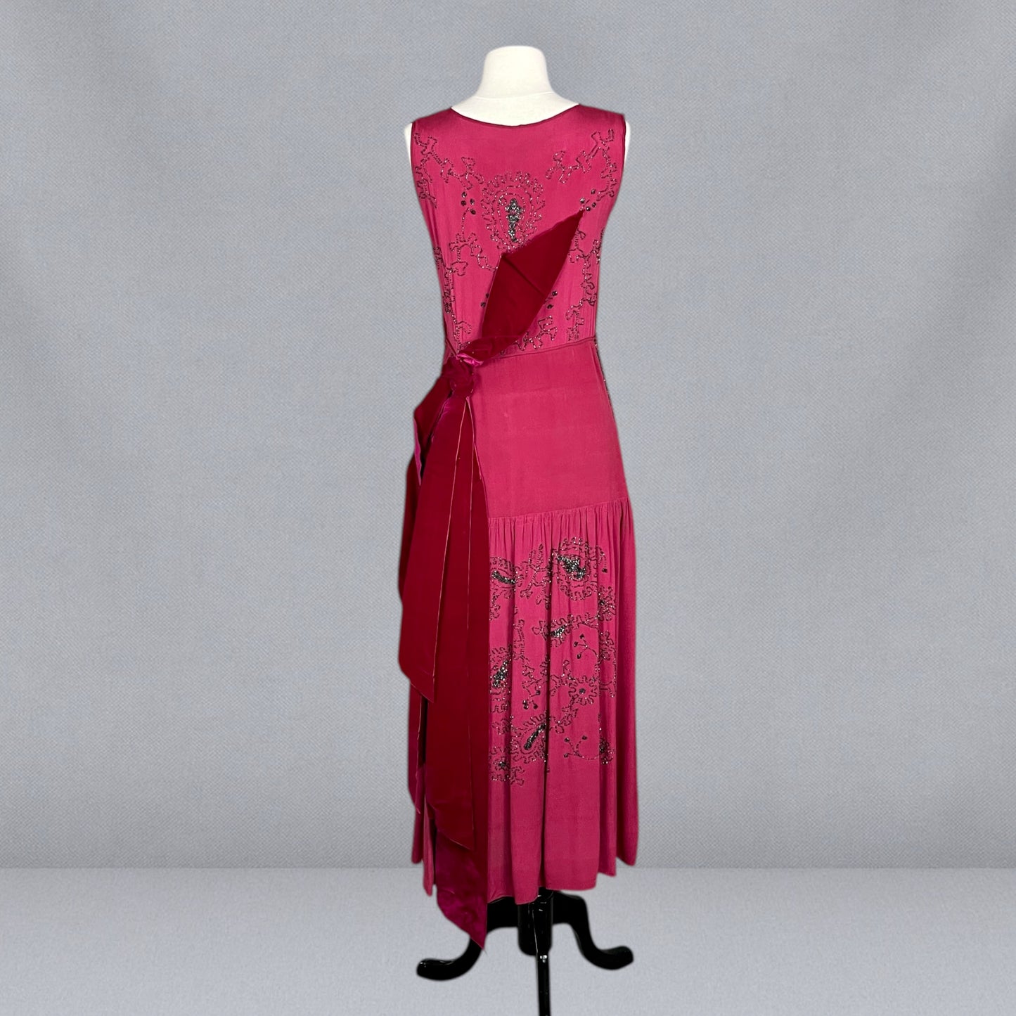 Antique 1920s Cerise Pink Beaded Silk Dress with Velvet Ribbon Back, XS