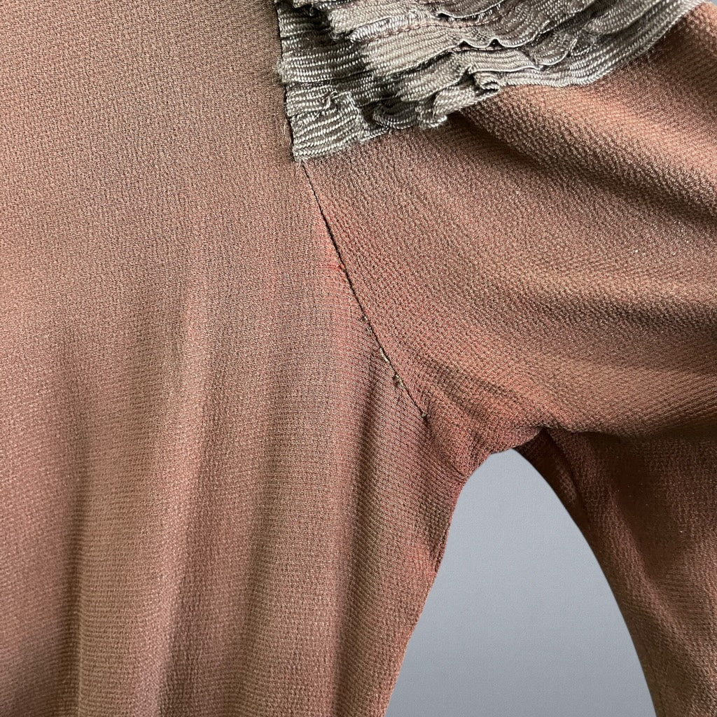 Late 1930s Chocolate Brown Rayon Crepe Dress with Sculpted Shoulders & Bell-Pull Metal Zip, XS-S