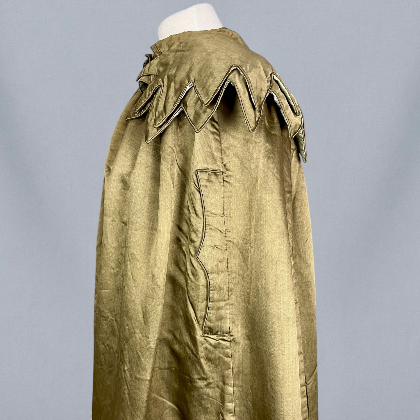 Vintage 1920s Gold-Hued Satin Cape with Subtle Olive Undertones & Layered Petal Collar