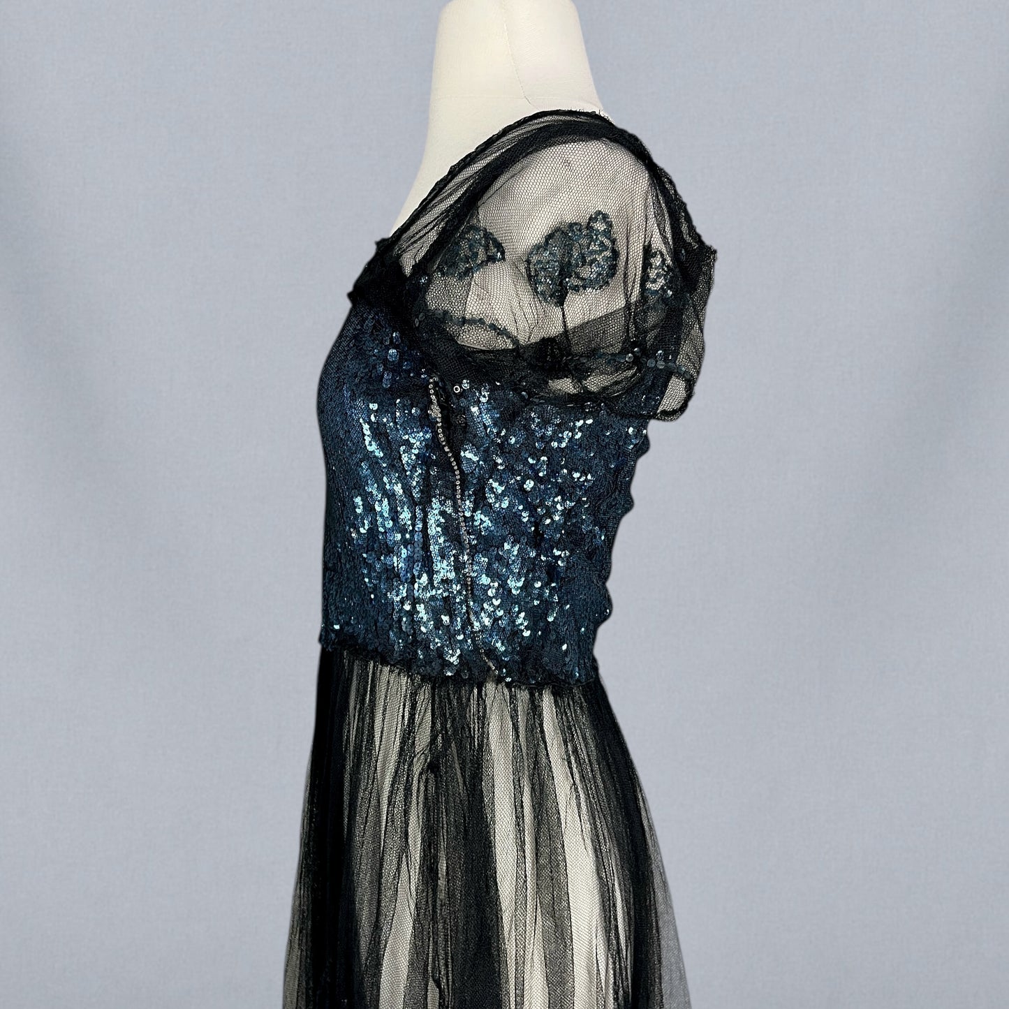 Extraordinary Antique 1930s Blue Gelatin Sequin & Black Net Evening Dress with Sheer Sleeves