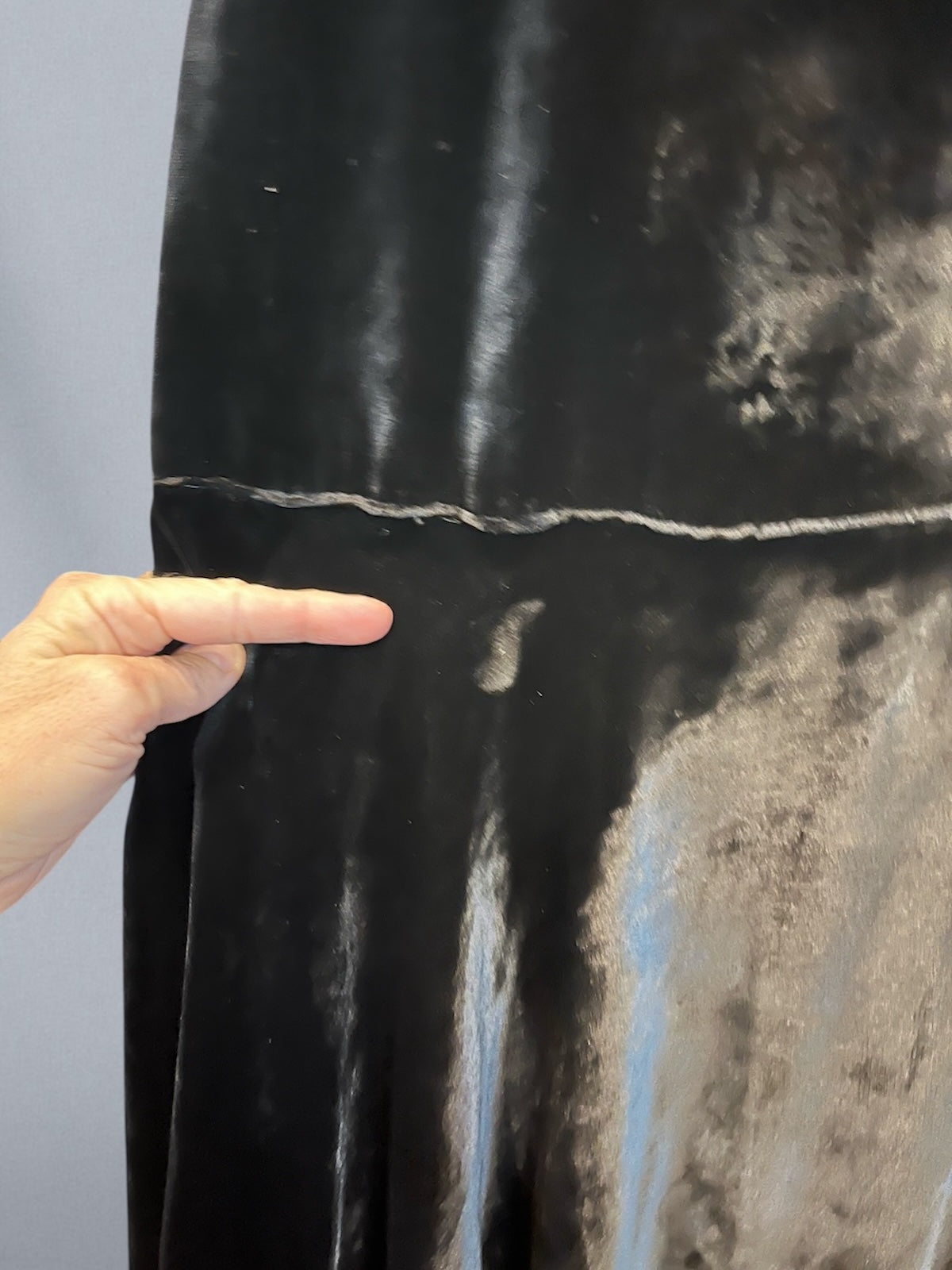 Antique Late 1920s Early 1930s Black Silk Velvet Dress with Beaded Neckline & Satin-Lined Bell Sleeves