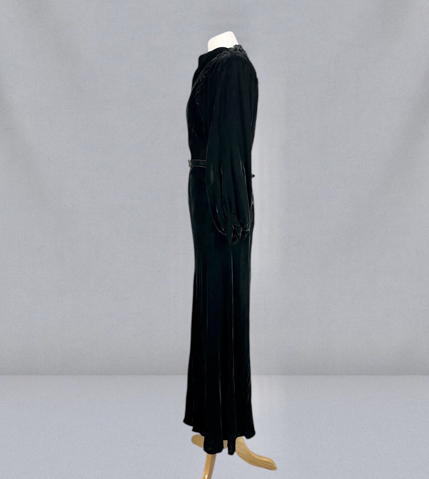 Vintage 1930s Black Velvet Bias-Cut Evening Dress with Bishop Sleeves & Covered Button Detailing, S/M