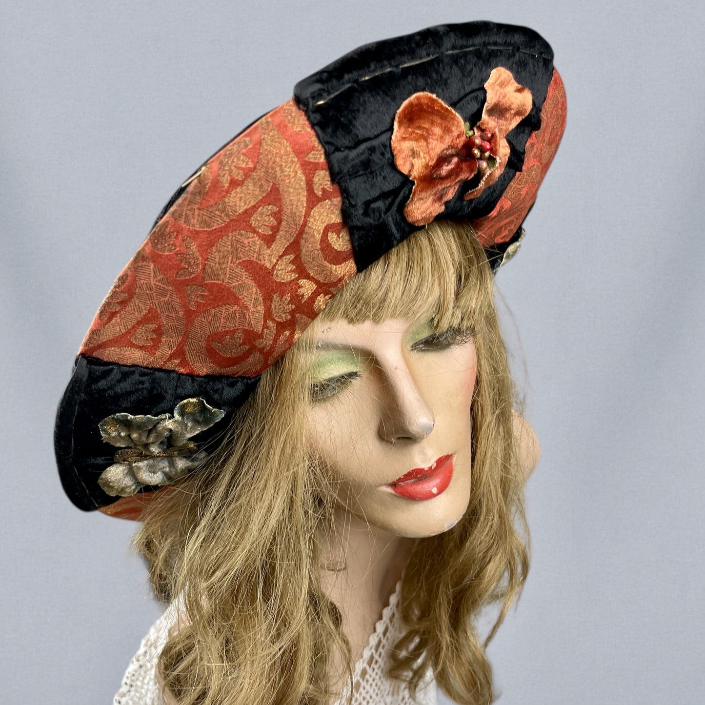 Antique Late 1910s Velvet & Lamé Brim Hat with Embroidered Silk Lining & Butterfly Appliqués