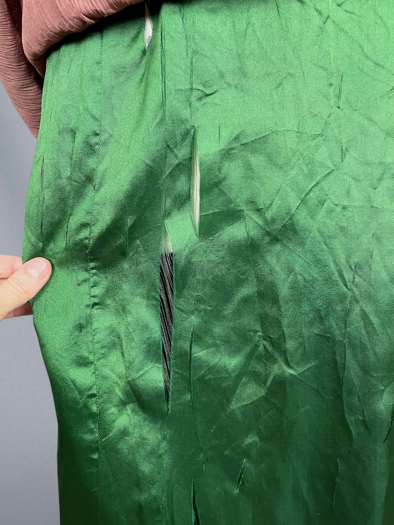 Antique Edwardian 1900s Taupe Textured Silk Dress with Brown Velvet, Cream Lace & Emerald Green Trim, XS