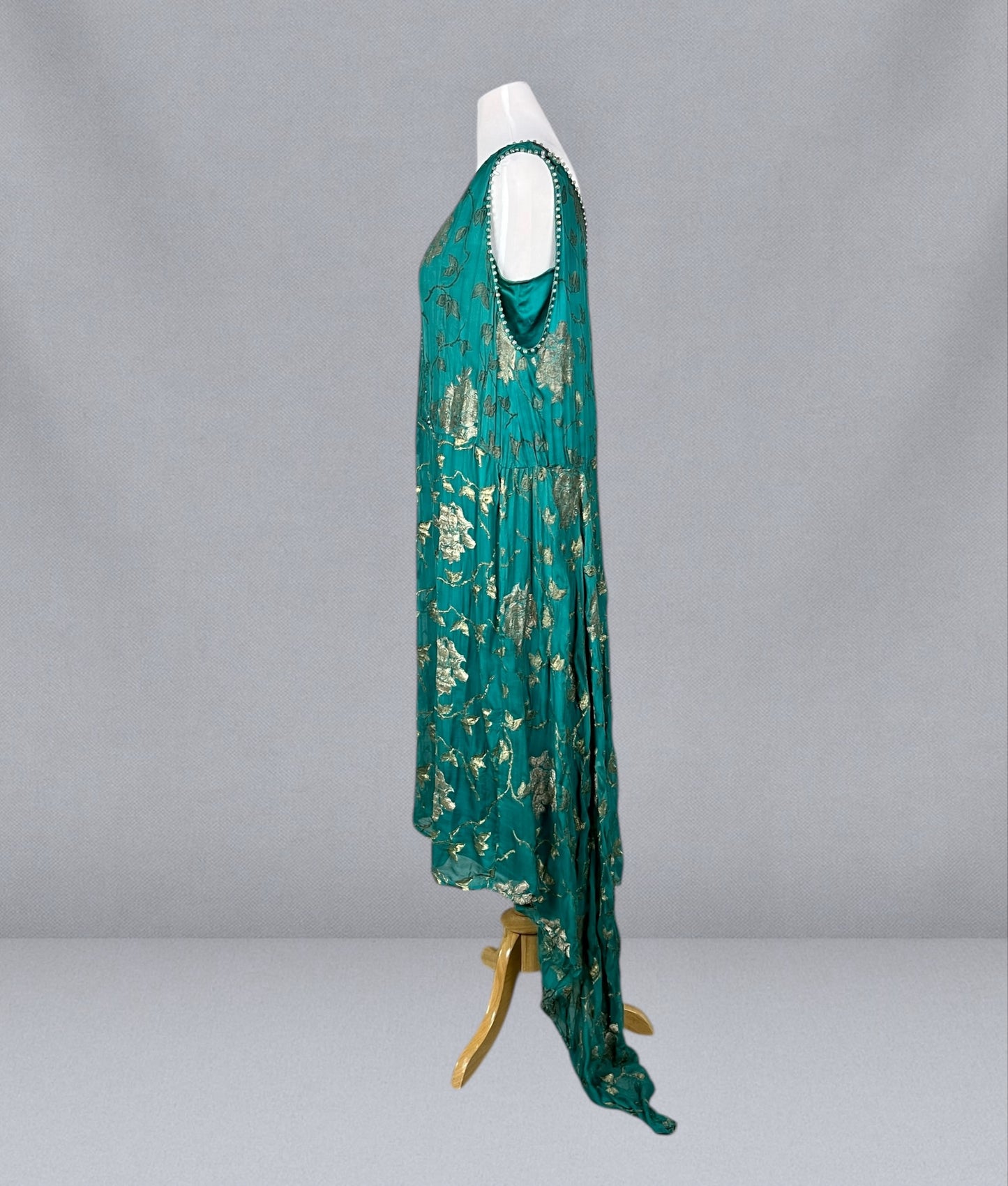 Antique 1920s Teal Silk & Gold Lamé Beaded Jazz Age Gown, J.M. Gidding & Co. New York Paris, Large