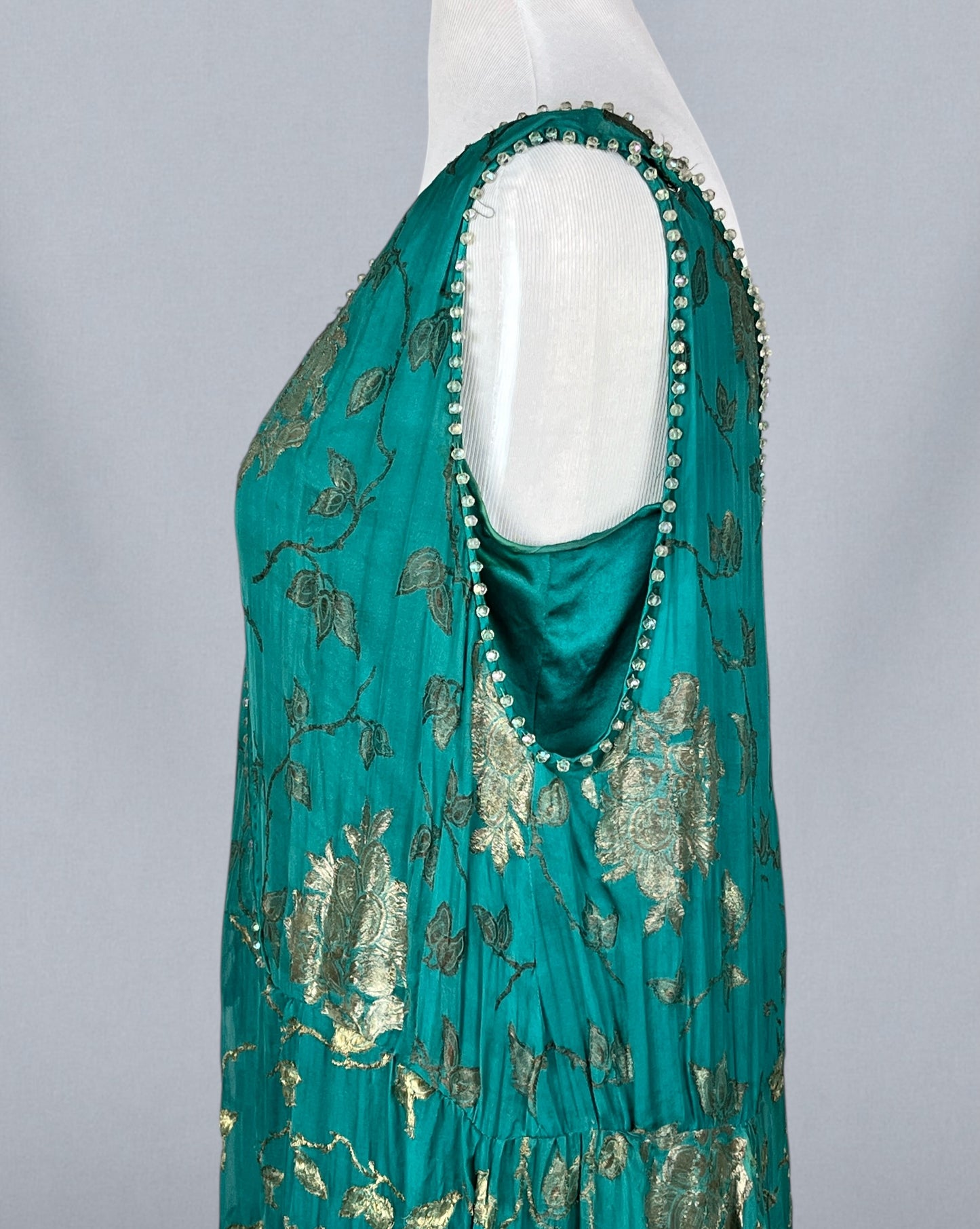 Antique 1920s Teal Silk & Gold Lamé Beaded Jazz Age Gown, J.M. Gidding & Co. New York Paris, Large