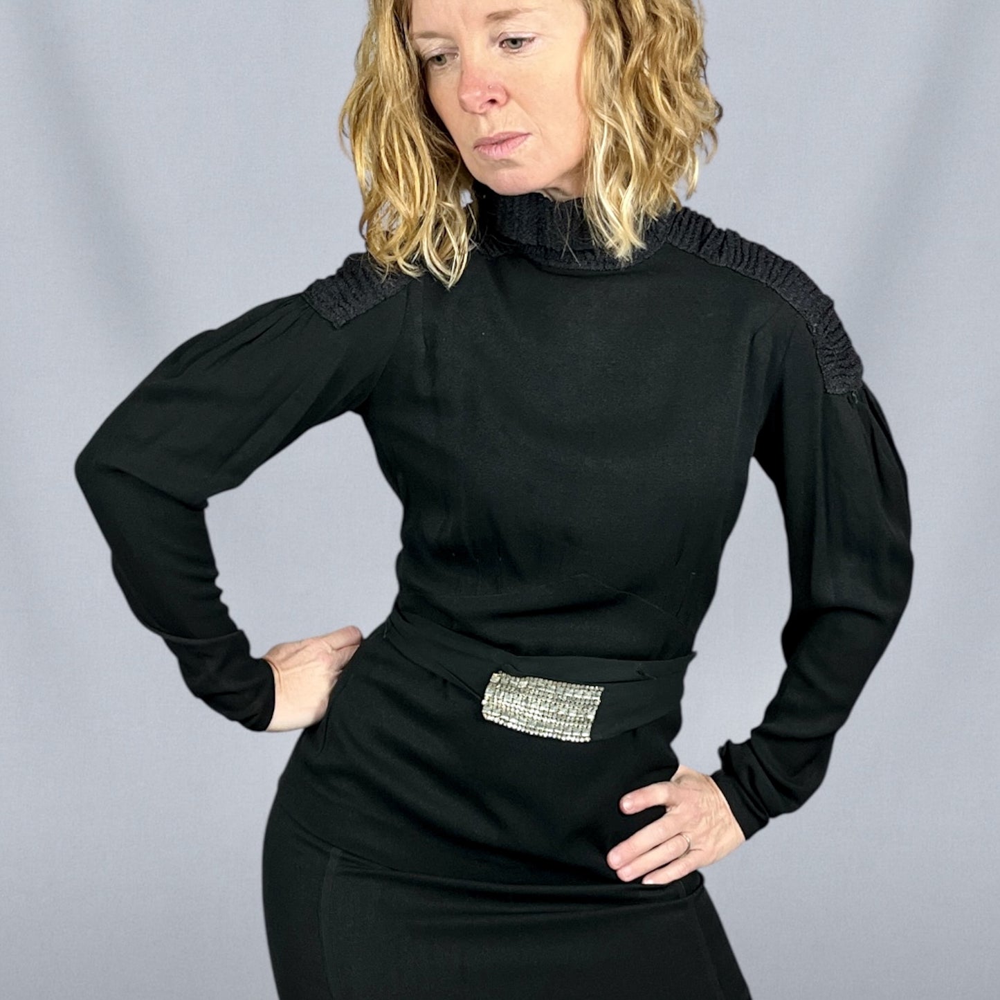 Vintage Late 1930s Black Rayon Two-Piece Ensemble | Deco Seamed Blouse with Shirred Knit Collar