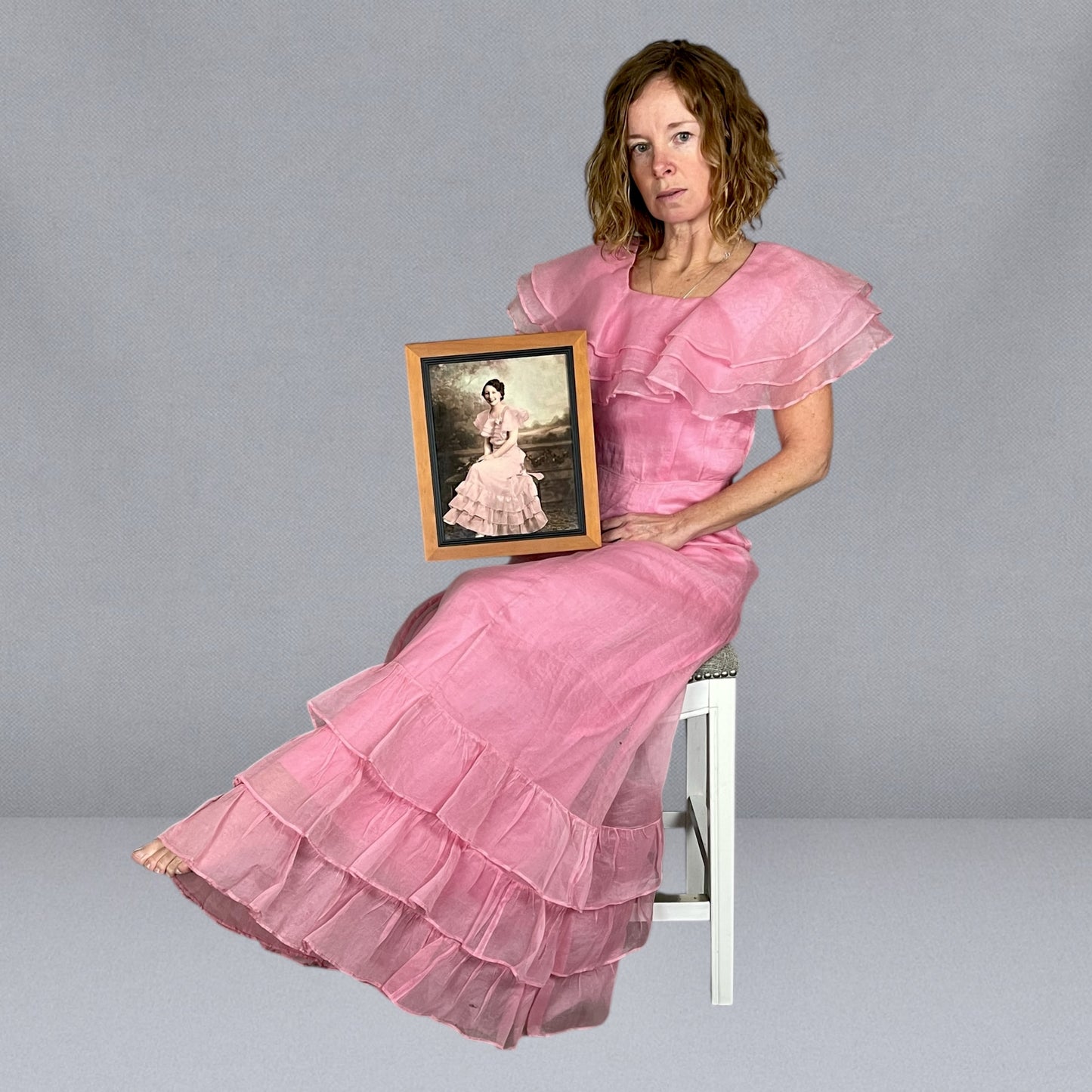 Exceptional Late 1930s Pink Organza Graduation Gown with Original Portrait Provenance – Bias Cut Tiered Ruffle Dress, c.1936