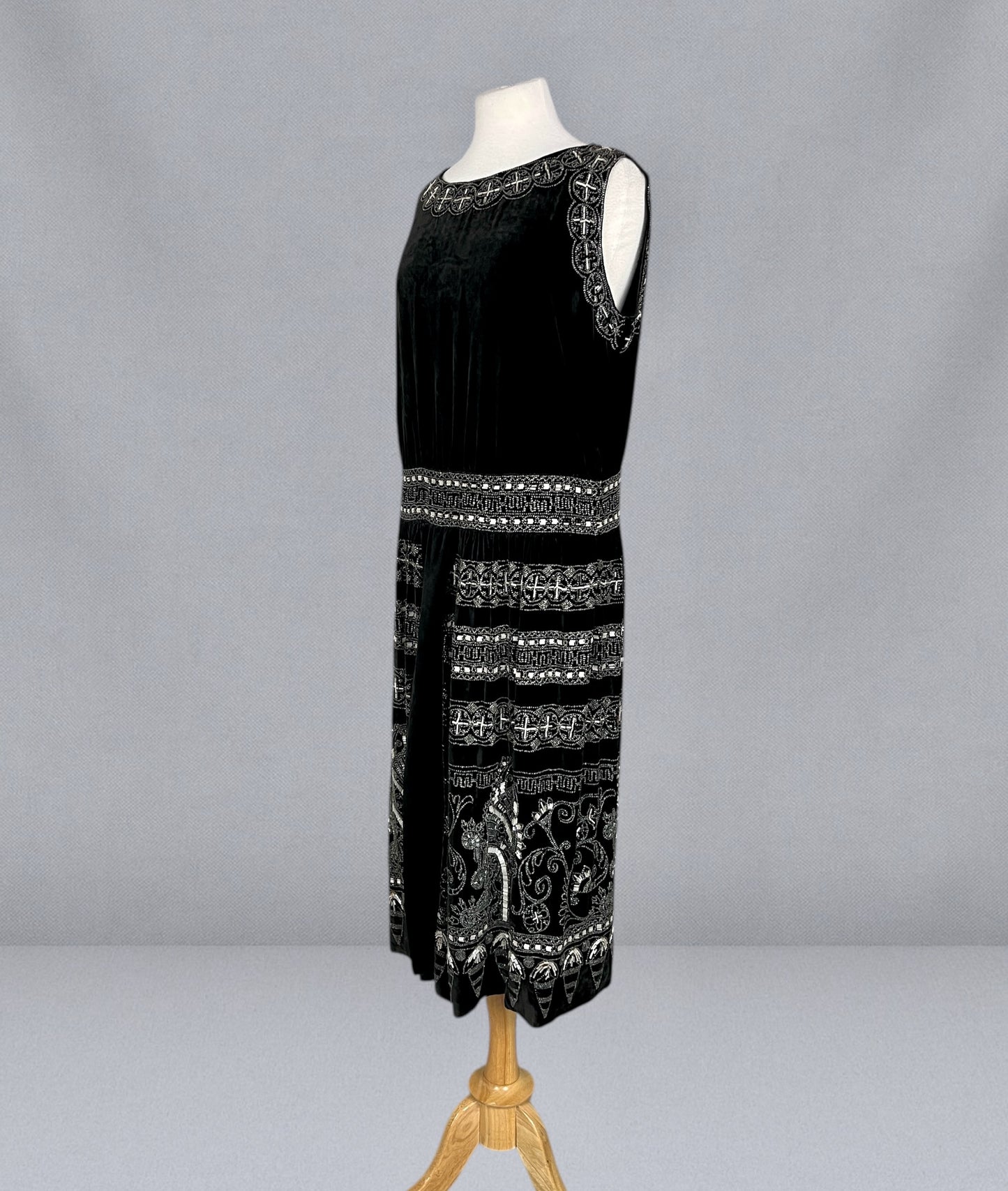 Exceptional Antique 1920s Black Velvet Dress with Silver Beadwork & Geometric Motifs, M - L