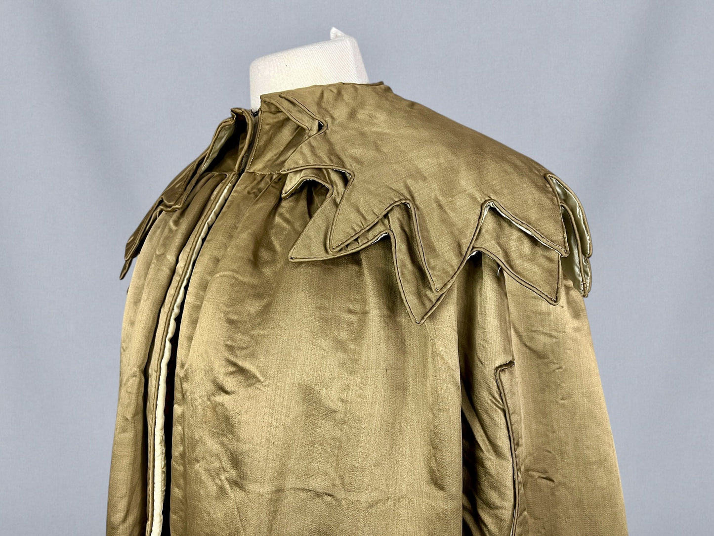 Vintage 1920s Gold-Hued Satin Cape with Subtle Olive Undertones & Layered Petal Collar