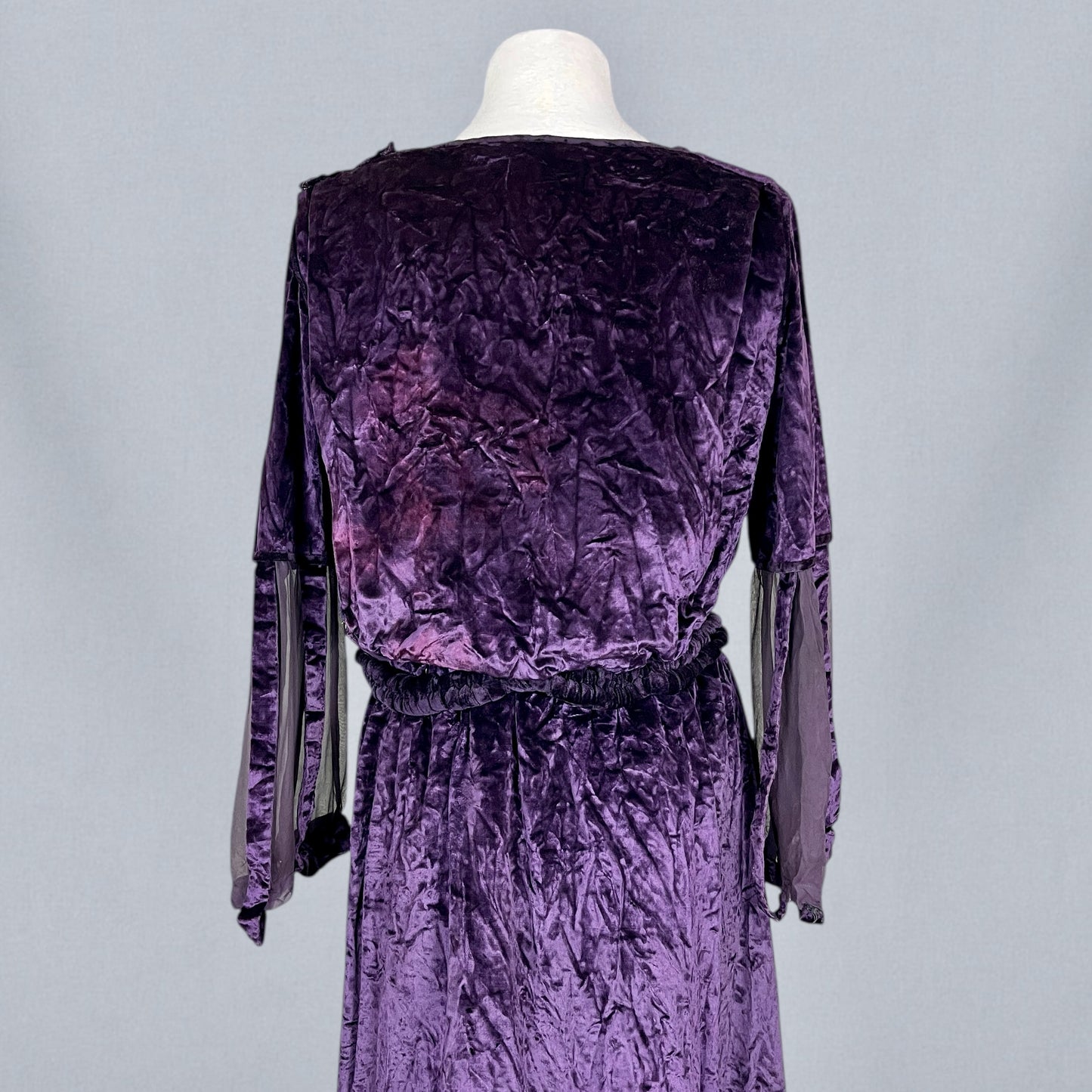 Antique Late 1910s–Early 1920s Purple Velvet Dress with Sheer Cutout Sleeves & Velvet Waist Rosette, Medium