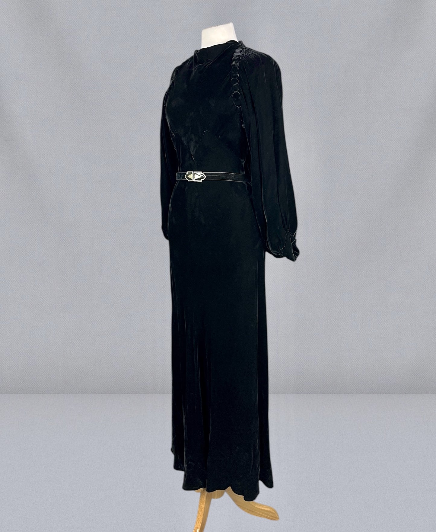 Vintage 1930s Black Velvet Bias-Cut Evening Dress with Bishop Sleeves & Covered Button Detailing, S/M
