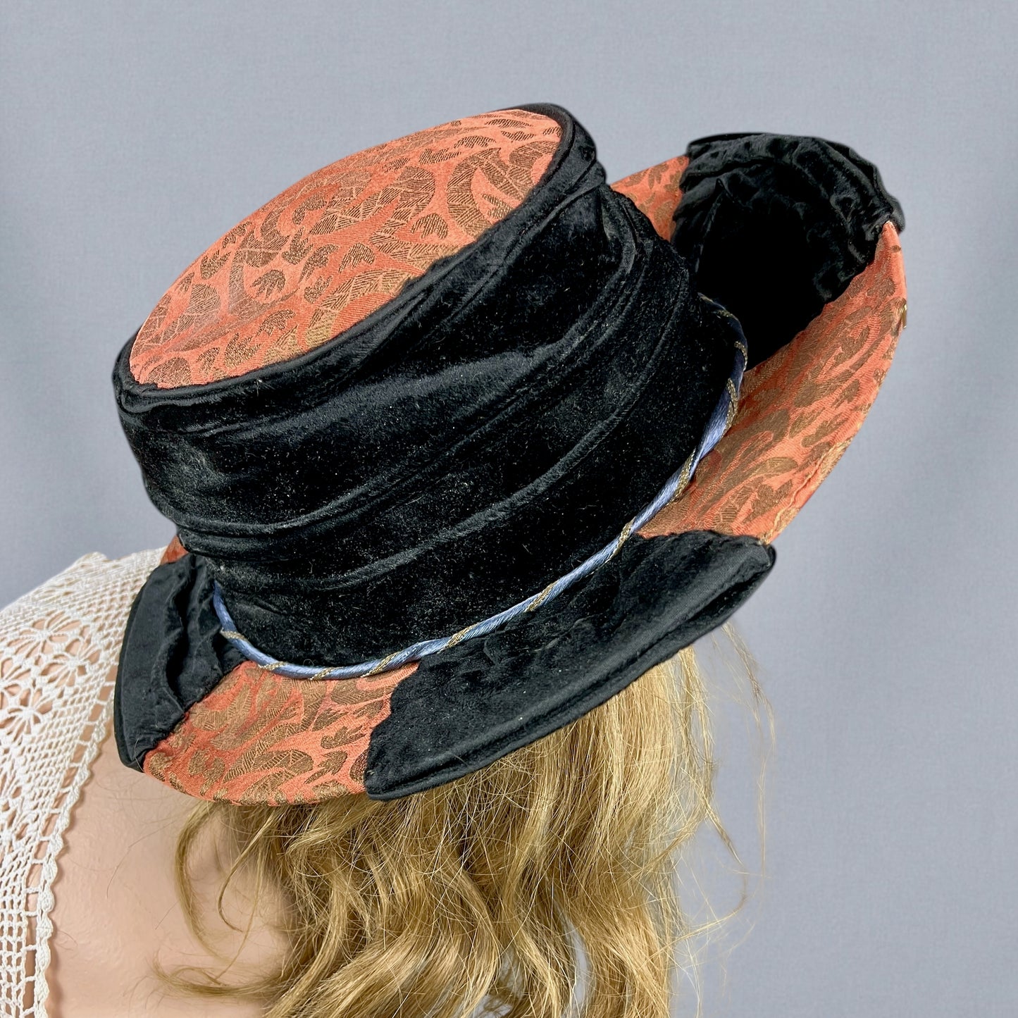 Antique Late 1910s Velvet & Lamé Brim Hat with Embroidered Silk Lining & Butterfly Appliqués