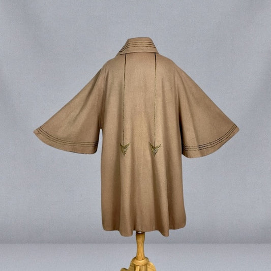 Antique 1920s Taupe Wool Cape Coat with Art Deco Arrow Embroidery, Palmer Garment Chicago