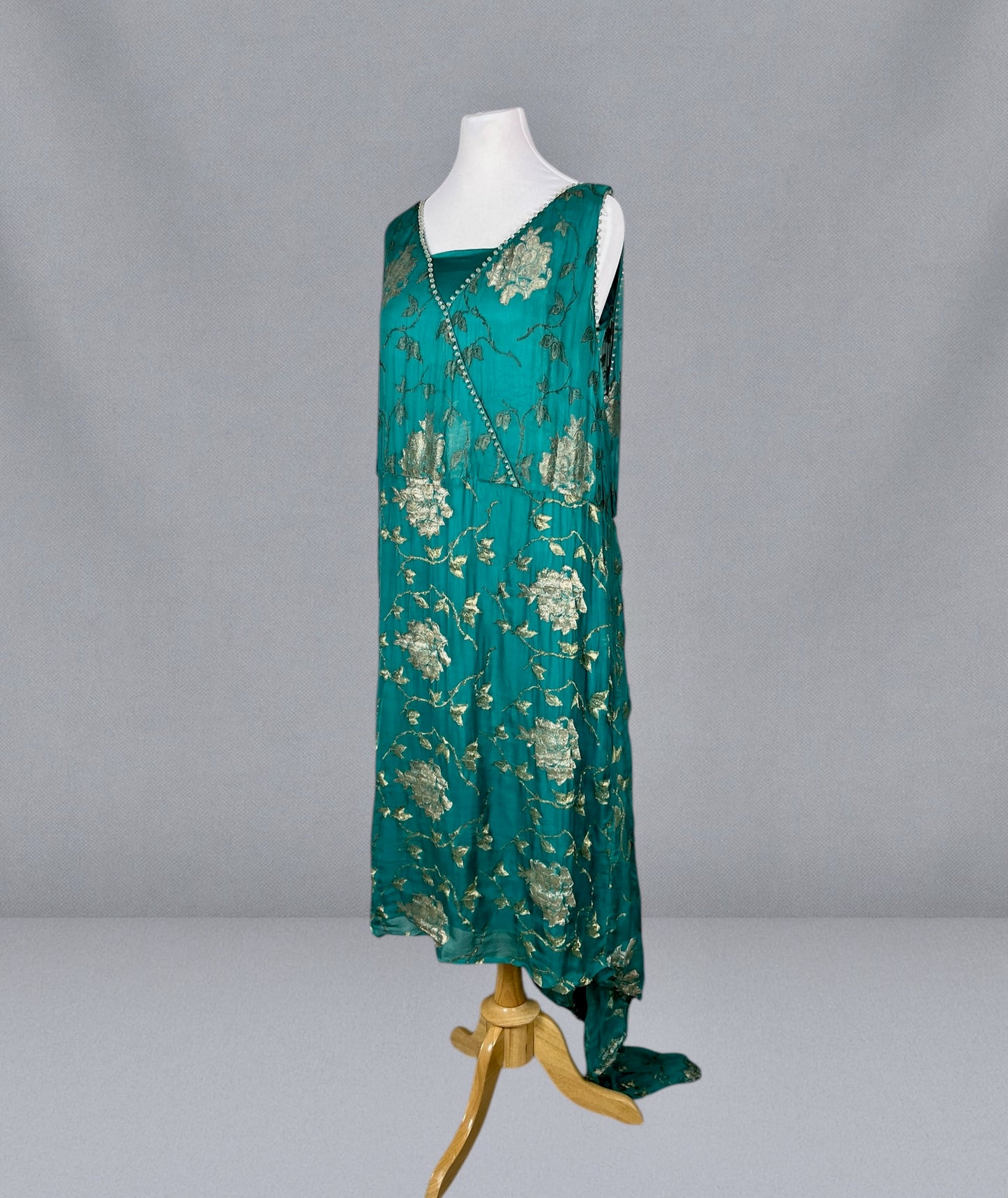 Antique 1920s Teal Silk & Gold Lamé Beaded Jazz Age Gown, J.M. Gidding & Co. New York Paris, Large