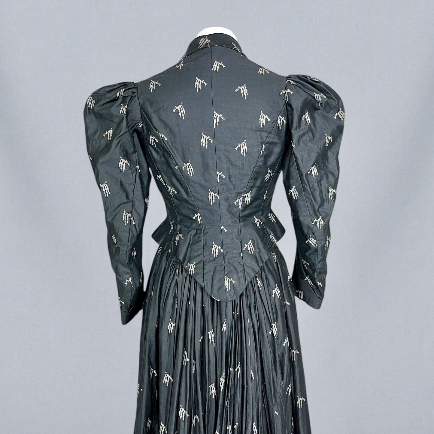 Antique 1890s Black Polished Printed Cotton Two-Piece Bodice and Skirt with Leg-of-Mutton Sleeves, Medium