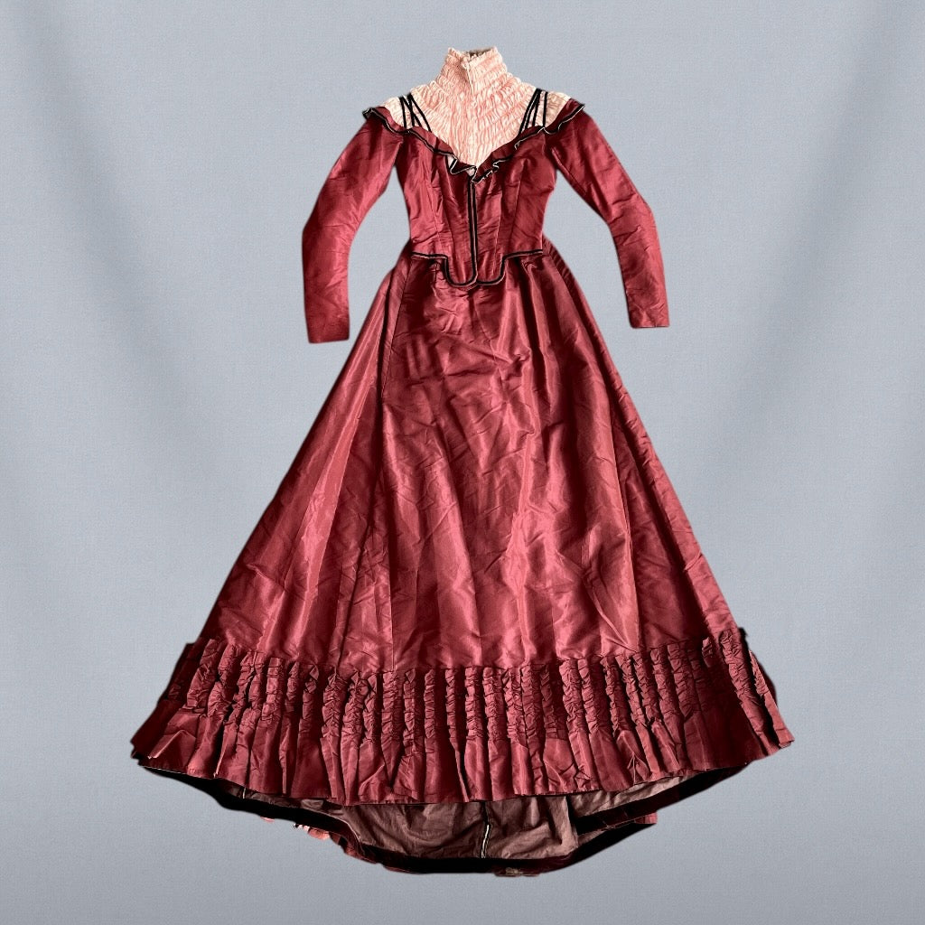 Antique Late Victorian 1890s Wine Silk Taffeta Two-Piece Dress Set with Ruched Pink High Neck Yoke, XXS