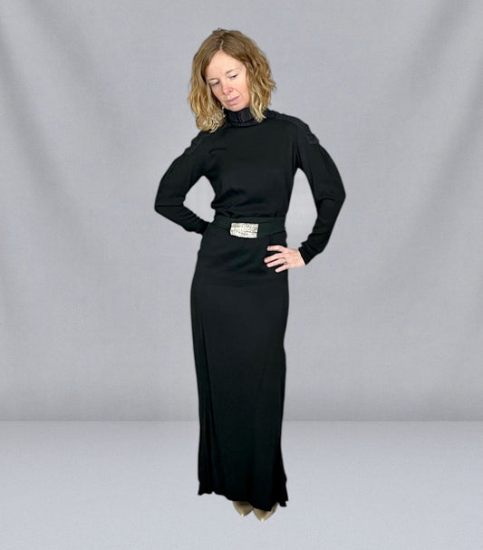 Vintage Late 1930s Black Rayon Two-Piece Ensemble | Deco Seamed Blouse with Shirred Knit Collar