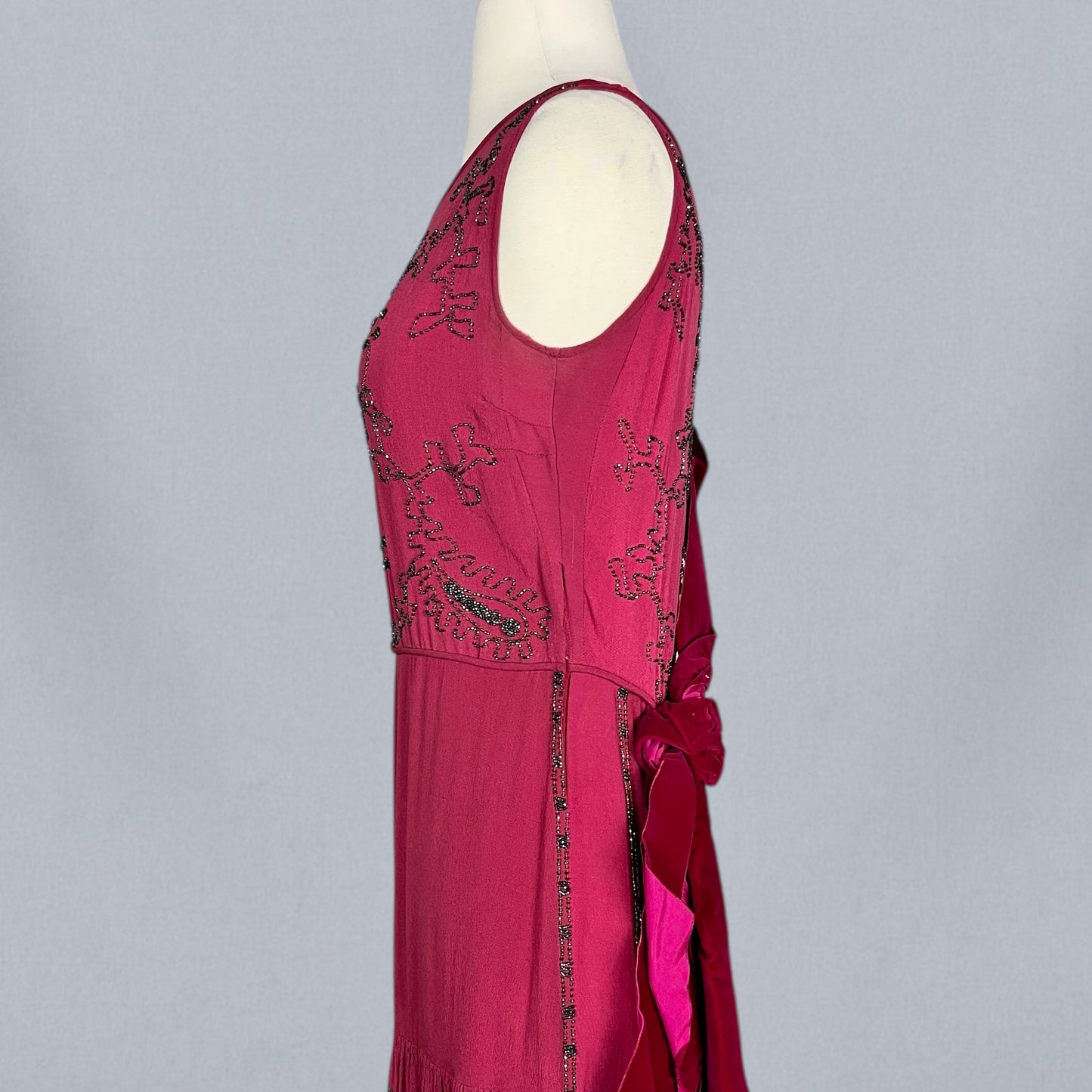 Antique 1920s Cerise Pink Beaded Silk Dress with Velvet Ribbon Back, XS