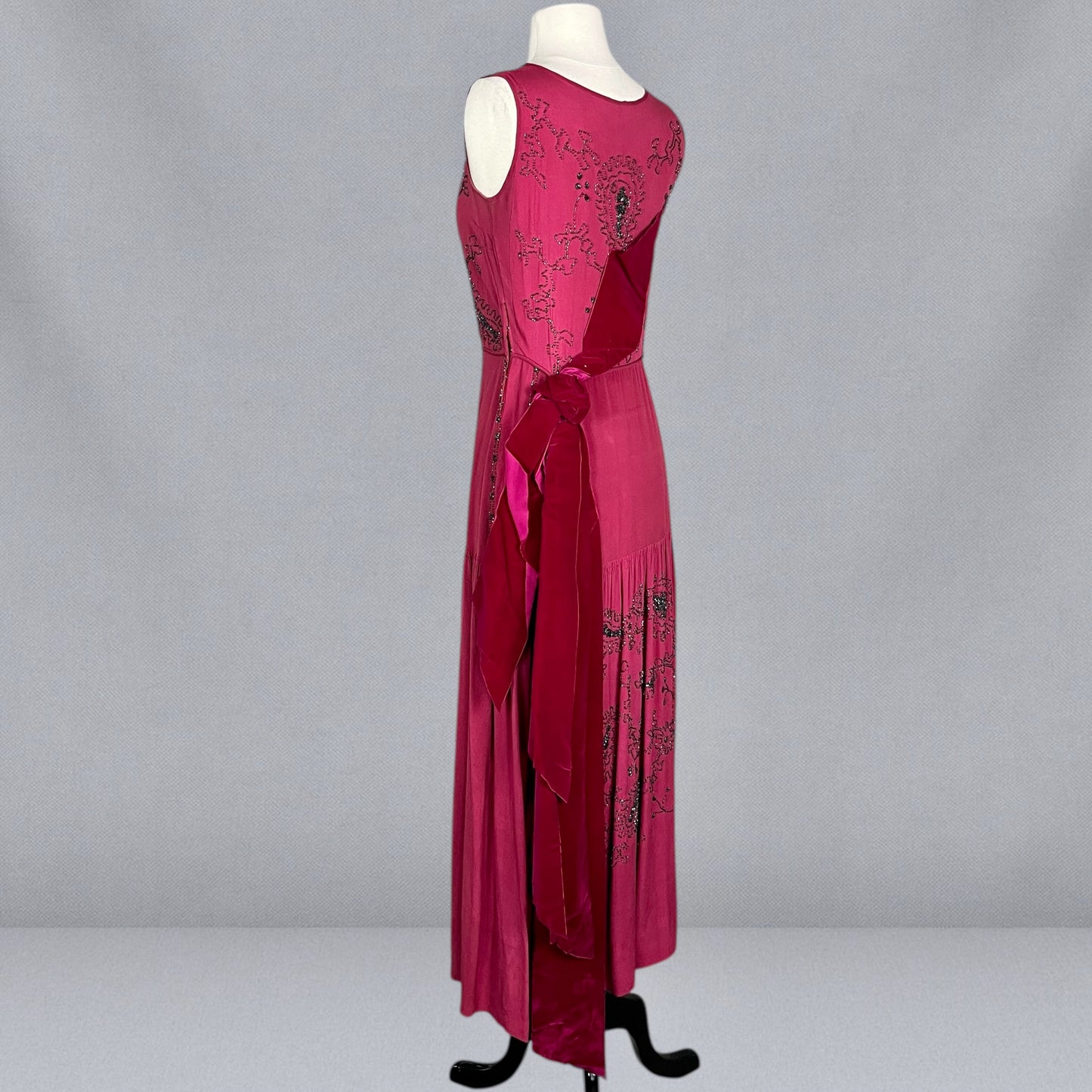 Antique 1920s Cerise Pink Beaded Silk Dress with Velvet Ribbon Back, XS