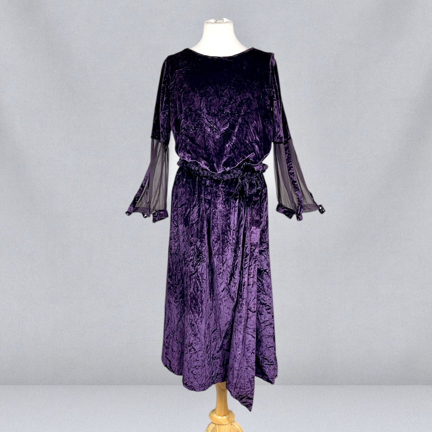 Antique Late 1910s–Early 1920s Purple Velvet Dress with Sheer Cutout Sleeves & Velvet Waist Rosette, Medium