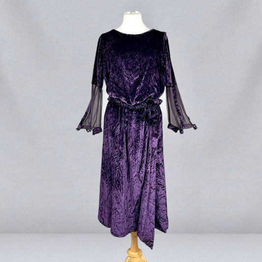 Antique Late 1910s–Early 1920s Purple Velvet Dress with Sheer Cutout Sleeves & Velvet Waist Rosette, Medium