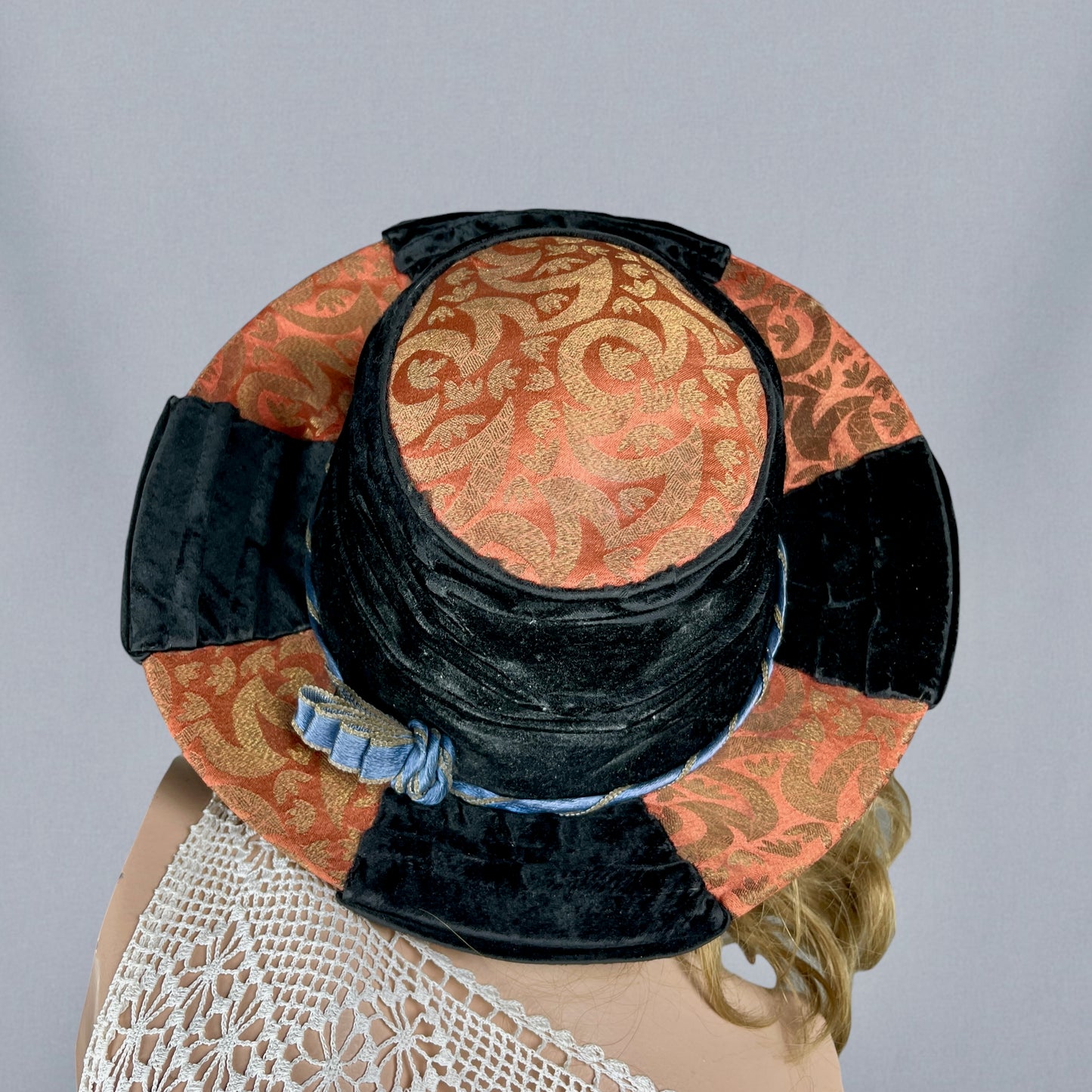 Antique Late 1910s Velvet & Lamé Brim Hat with Embroidered Silk Lining & Butterfly Appliqués