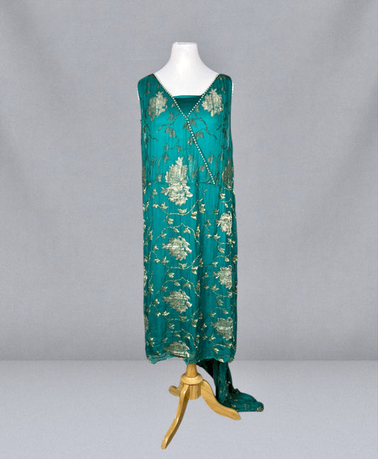 Antique 1920s Teal Silk & Gold Lamé Beaded Jazz Age Gown, J.M. Gidding & Co. New York Paris, Large