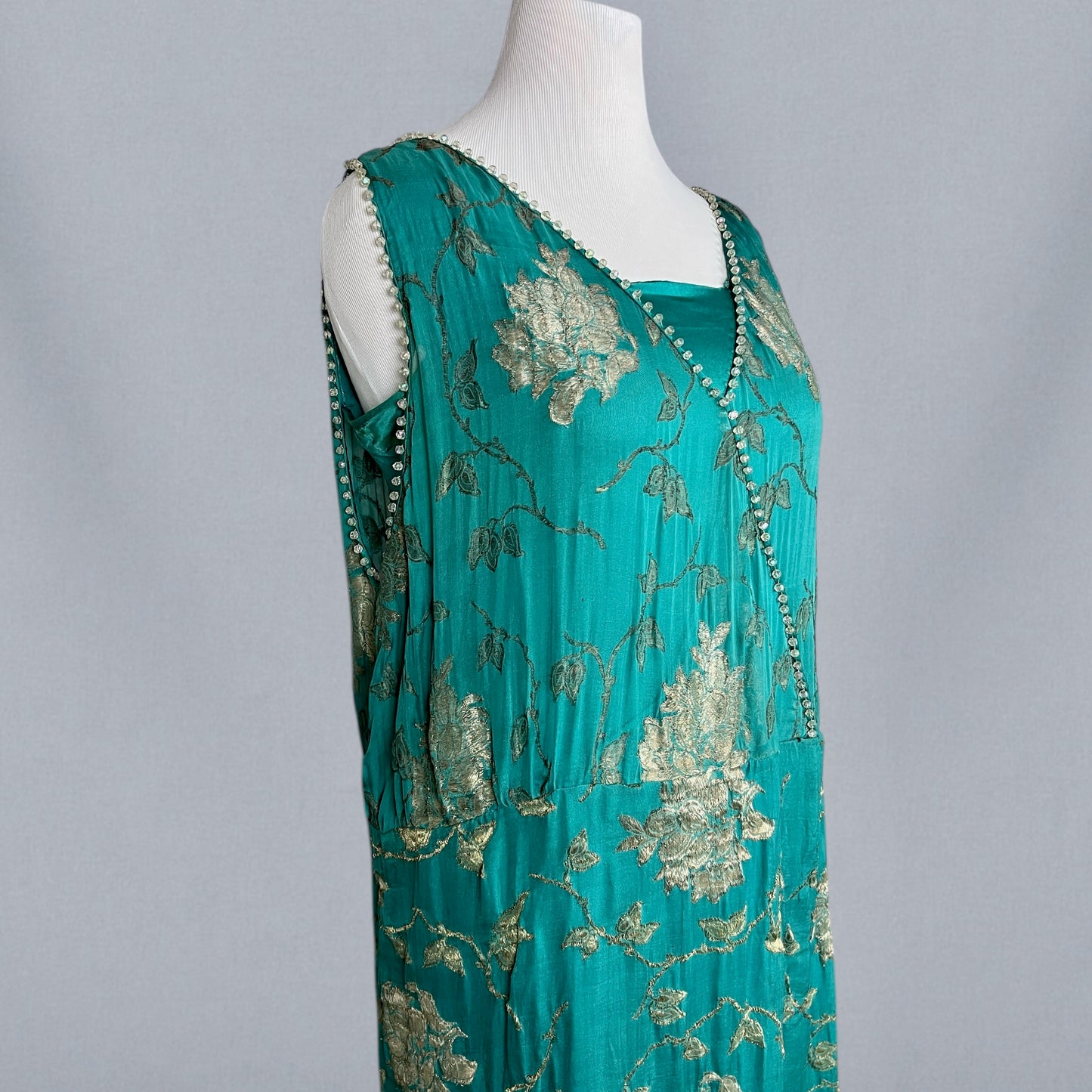 Antique 1920s Teal Silk & Gold Lamé Beaded Jazz Age Gown, J.M. Gidding & Co. New York Paris, Large