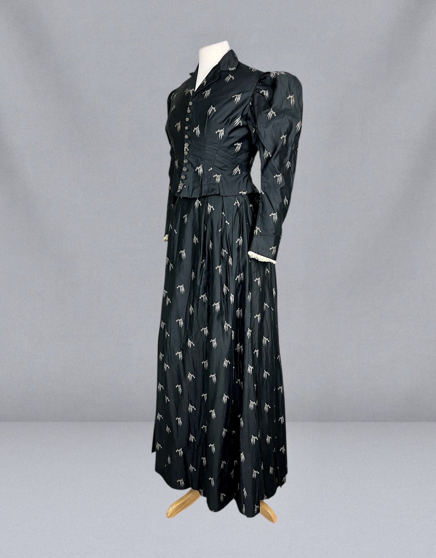 Antique 1890s Black Polished Printed Cotton Two-Piece Bodice and Skirt with Leg-of-Mutton Sleeves, Medium