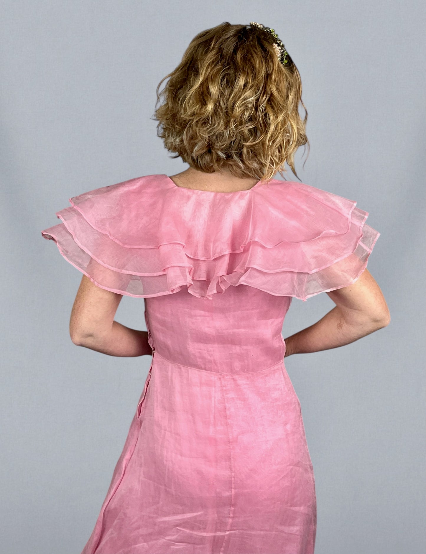Exceptional Late 1930s Pink Organza Graduation Gown with Original Portrait Provenance – Bias Cut Tiered Ruffle Dress, c.1936