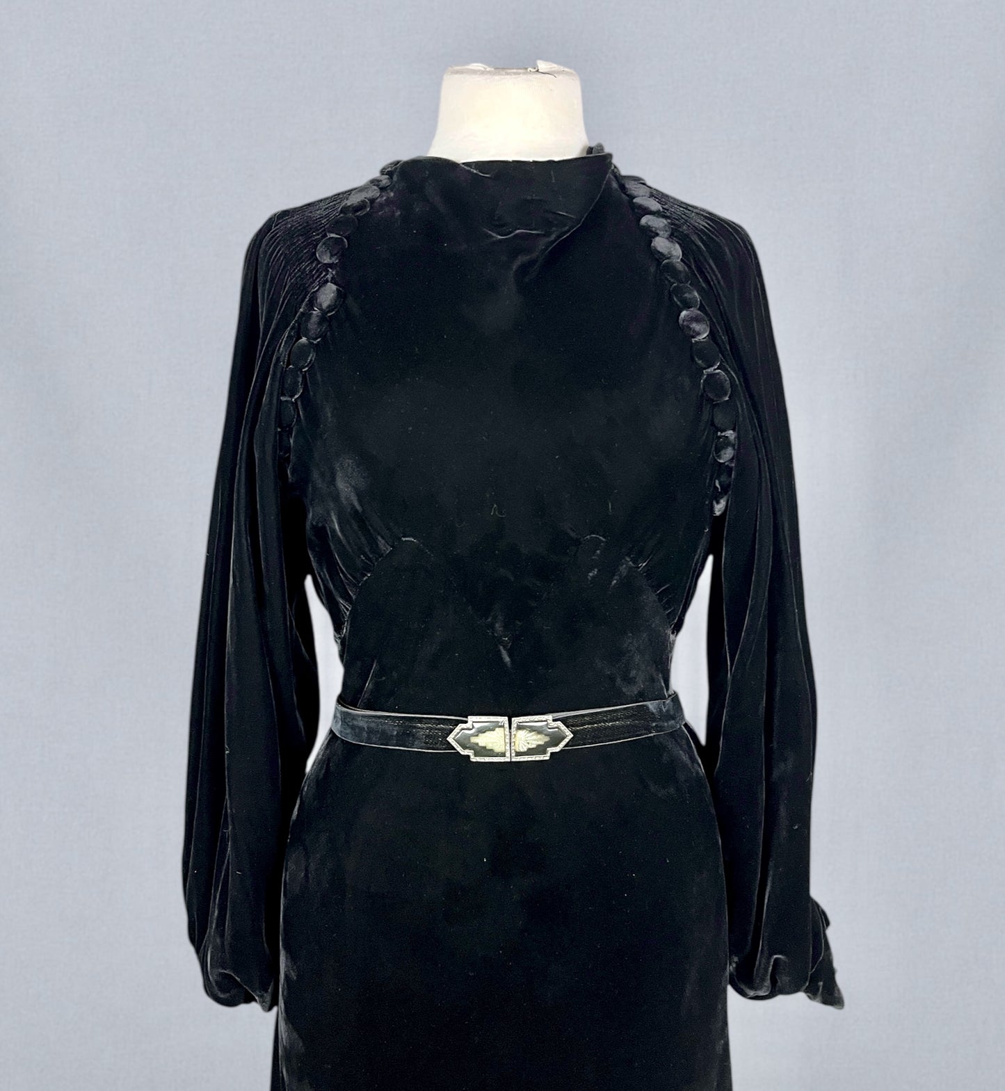 Vintage 1930s Black Velvet Bias-Cut Evening Dress with Bishop Sleeves & Covered Button Detailing, S/M