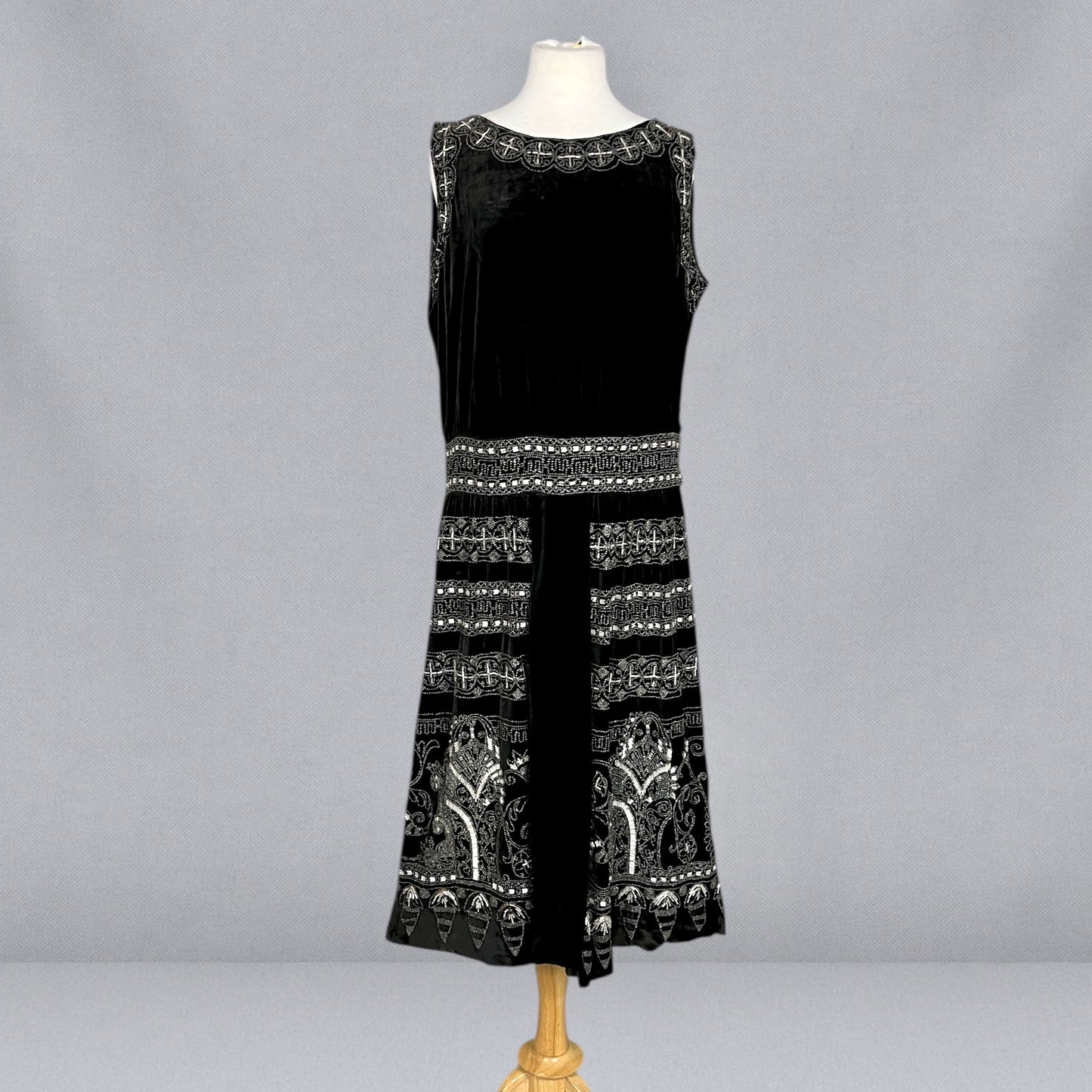 Exceptional Antique 1920s Black Velvet Dress with Silver Beadwork & Geometric Motifs, M - L