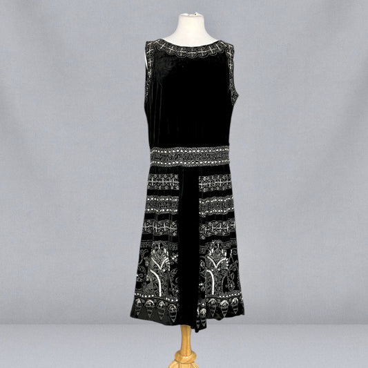 Exceptional Antique 1920s Black Velvet Dress with Silver Beadwork & Geometric Motifs, M - L