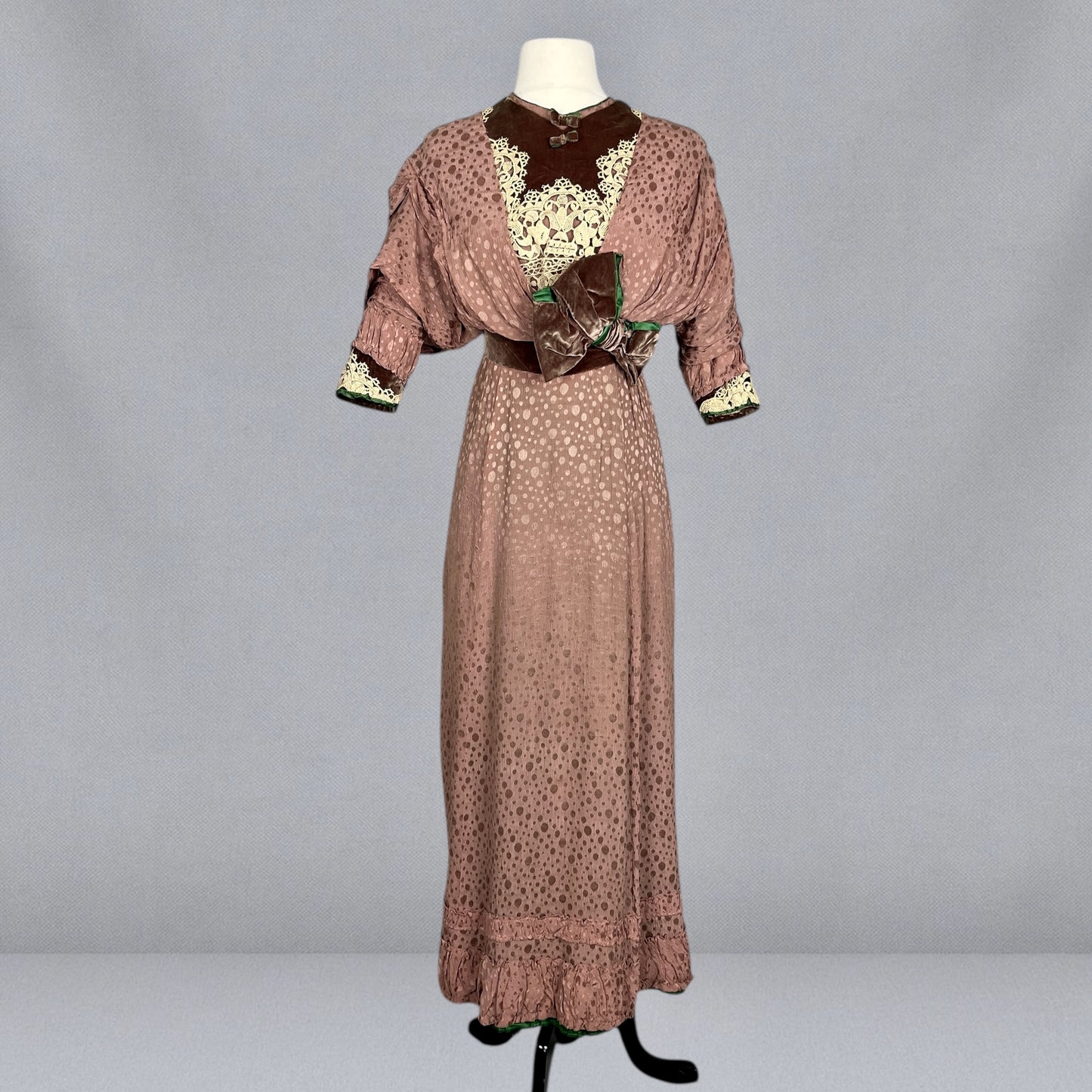 Antique Edwardian 1900s Taupe Textured Silk Dress with Brown Velvet, Cream Lace & Emerald Green Trim, XS