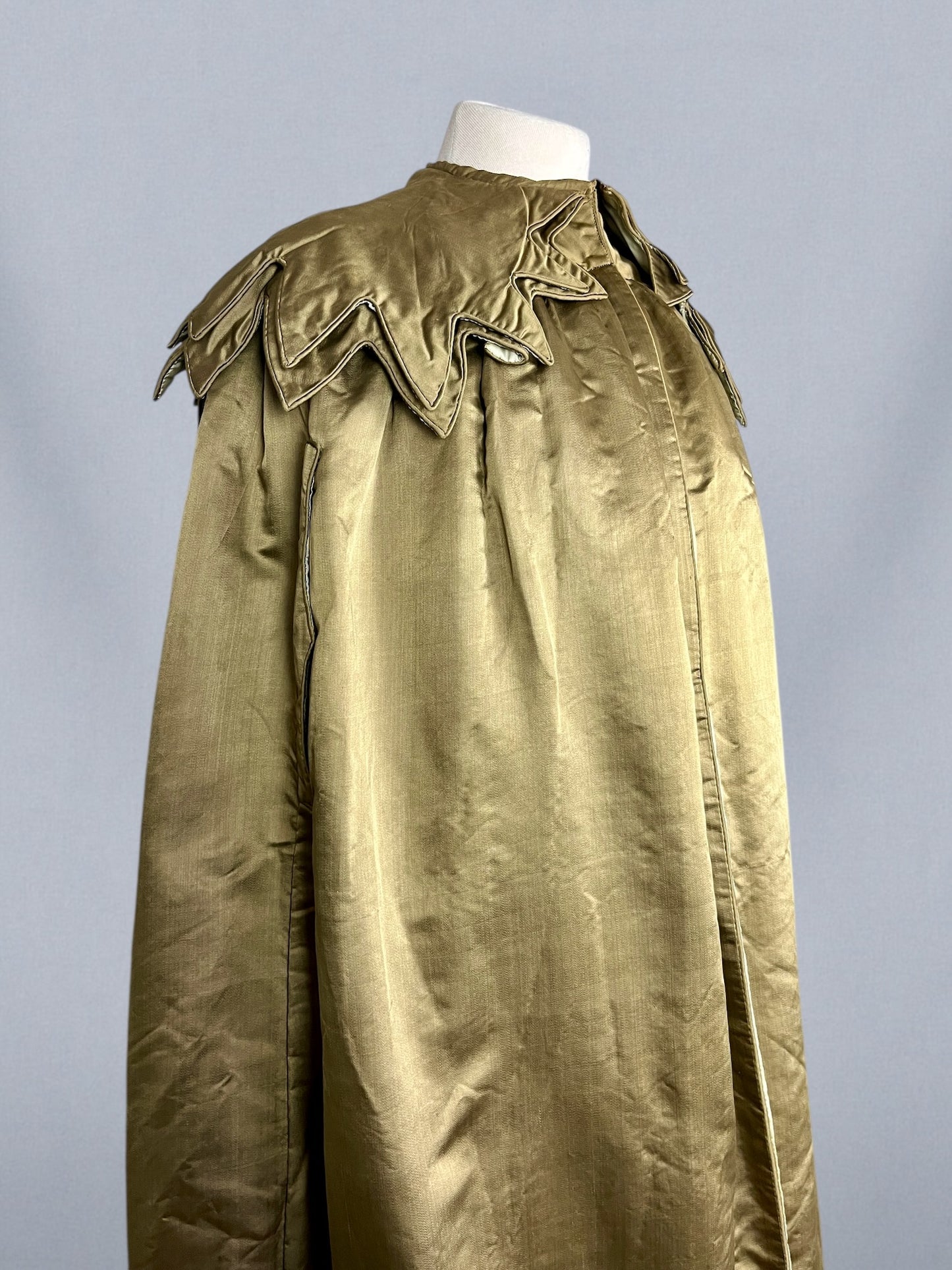 Vintage 1920s Gold-Hued Satin Cape with Subtle Olive Undertones & Layered Petal Collar