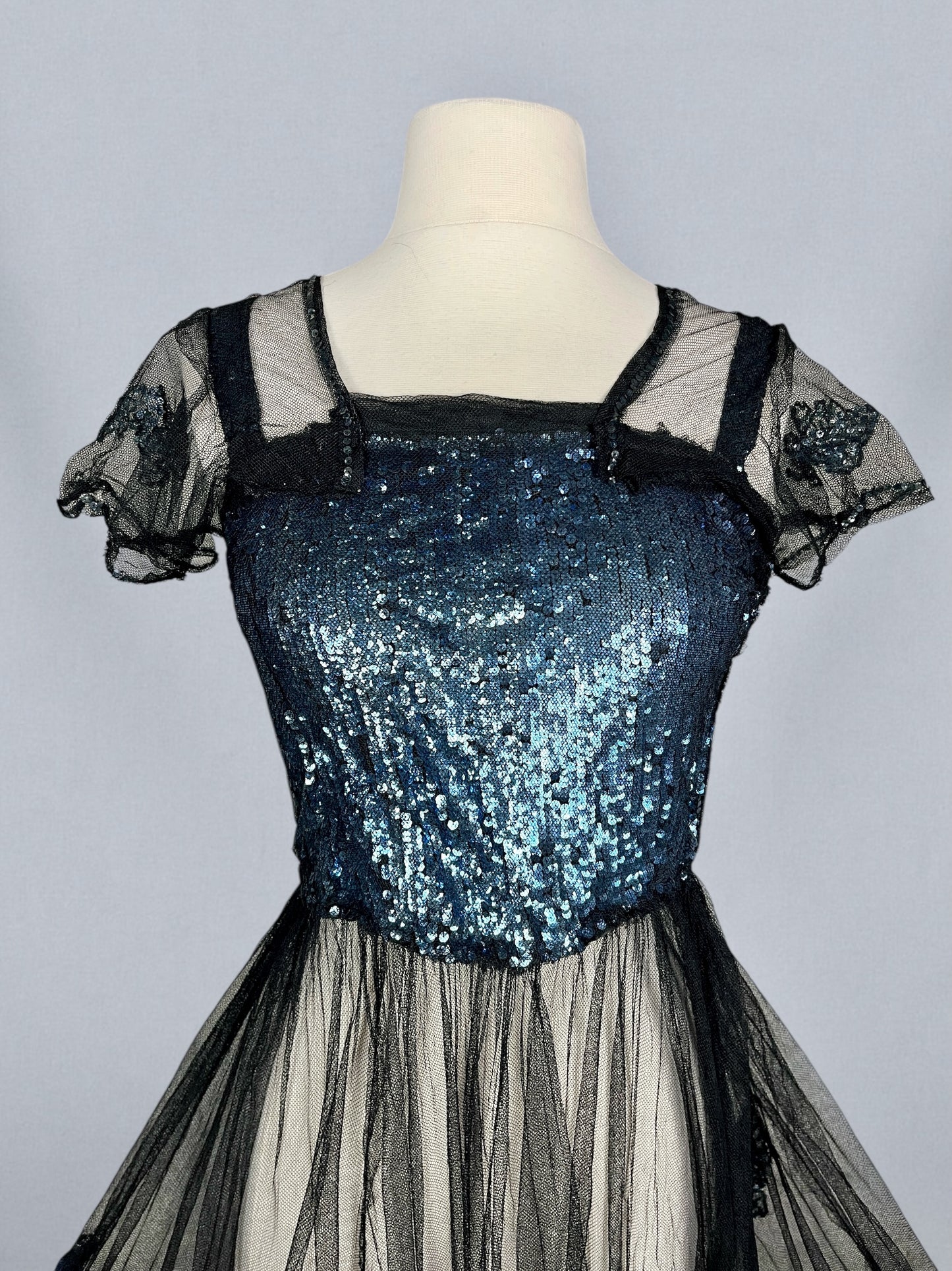 Extraordinary Antique 1930s Blue Gelatin Sequin & Black Net Evening Dress with Sheer Sleeves