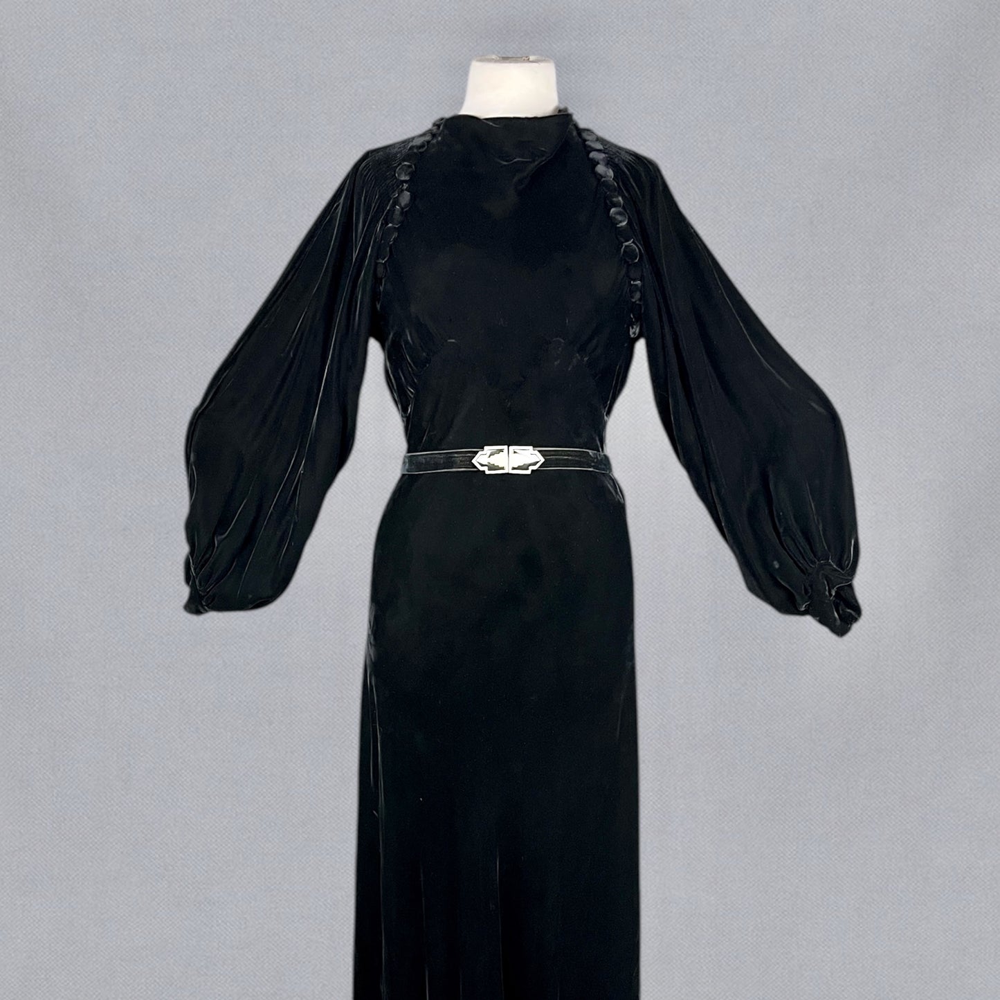 Vintage 1930s Black Velvet Bias-Cut Evening Dress with Bishop Sleeves & Covered Button Detailing, S/M