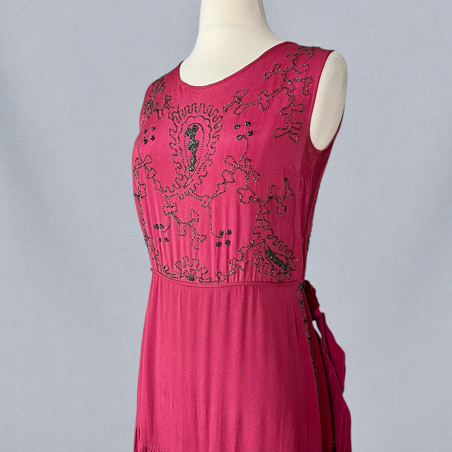 Antique 1920s Cerise Pink Beaded Silk Dress with Velvet Ribbon Back, XS