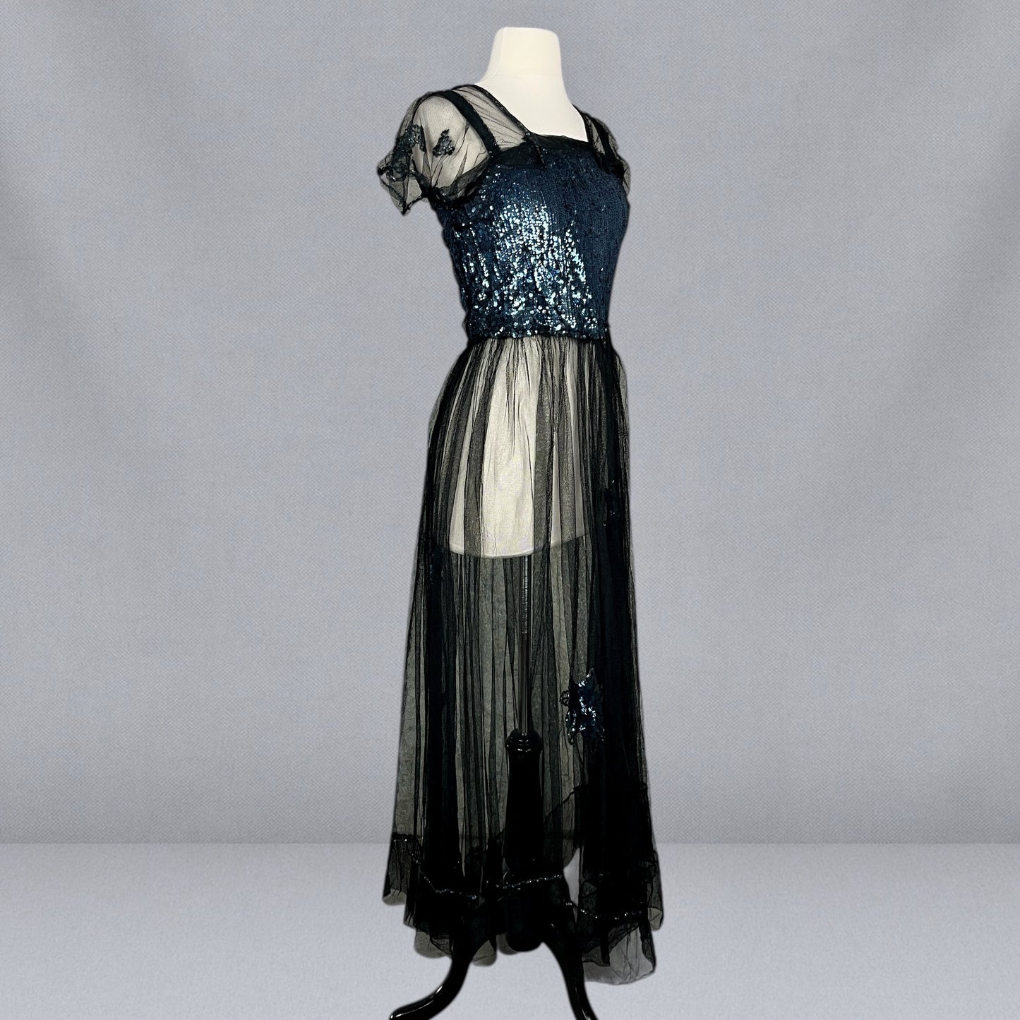 Extraordinary Antique 1930s Blue Gelatin Sequin & Black Net Evening Dress with Sheer Sleeves